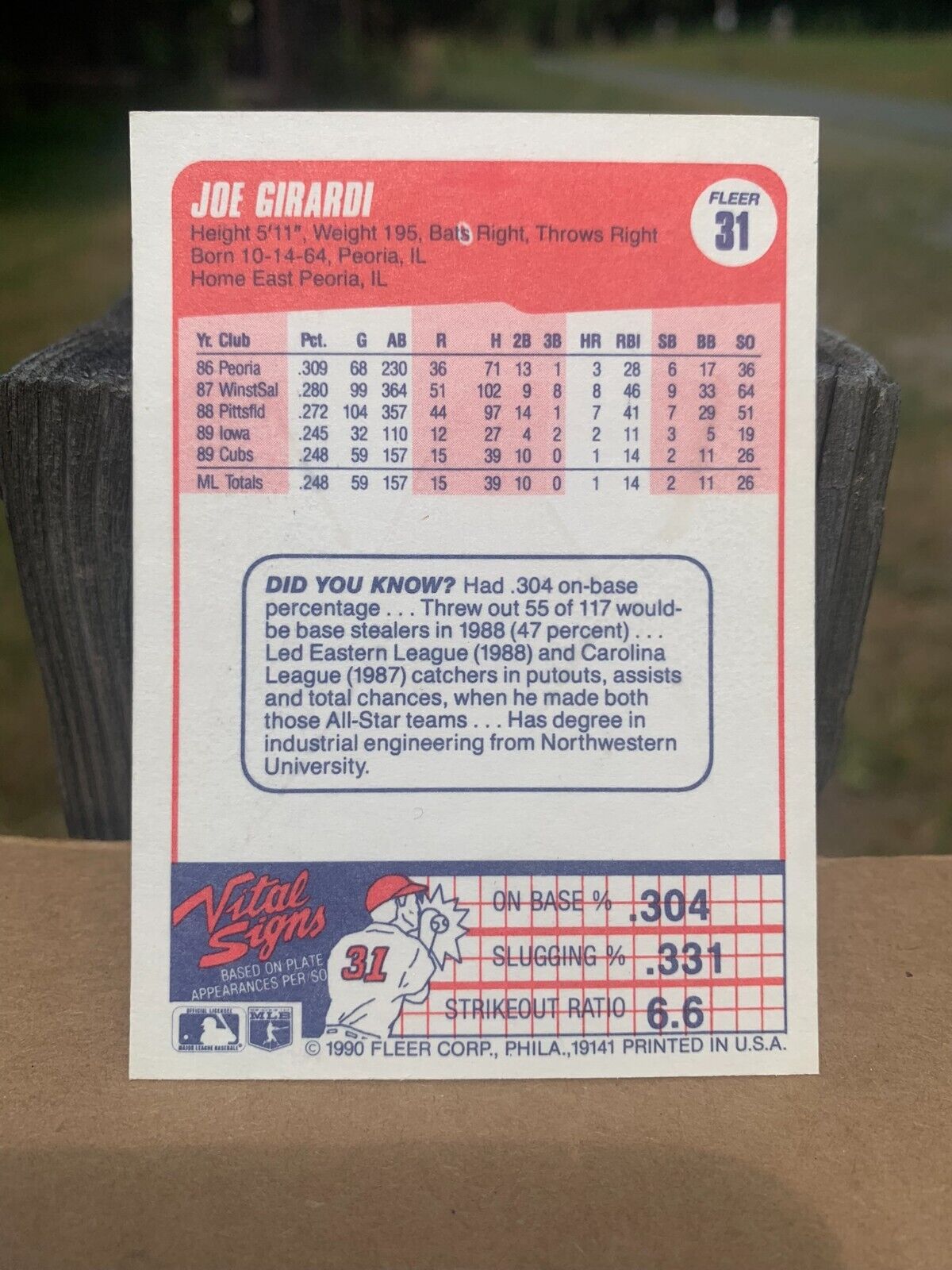1990 Fleer Baseball Card Chicago Cubs Joe Girardi