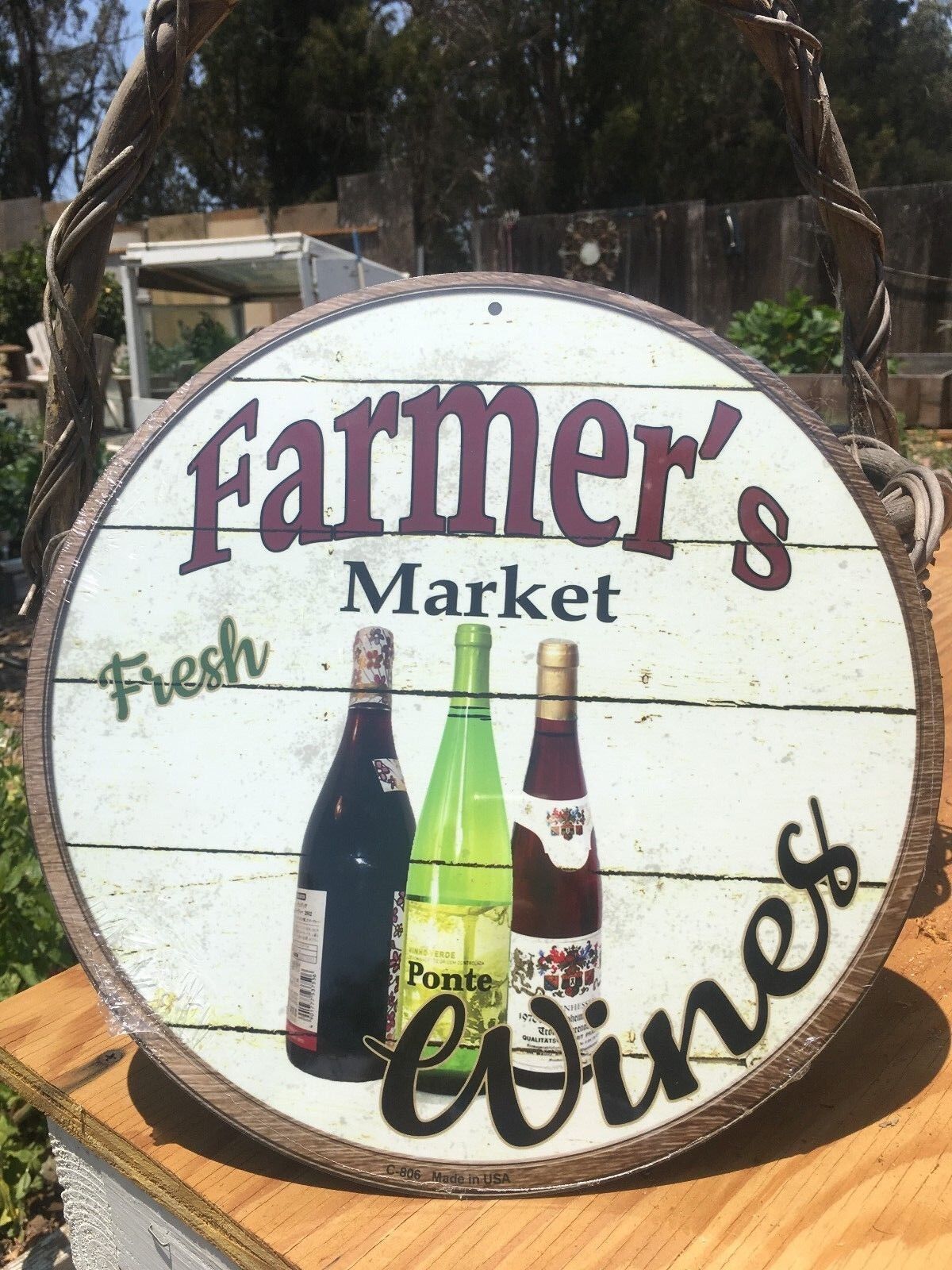Farmers Market Fresh Wines Round Sign Tin Vintage Garage Bar Decor Old Rustic