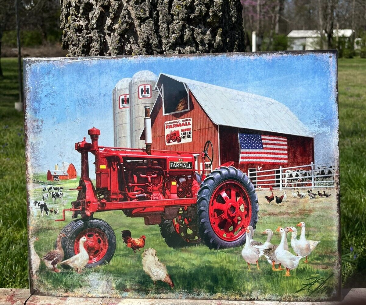 Vintage IH McCormick Farmall Red Farm Tractor Tin Metal Sign Garage Classic