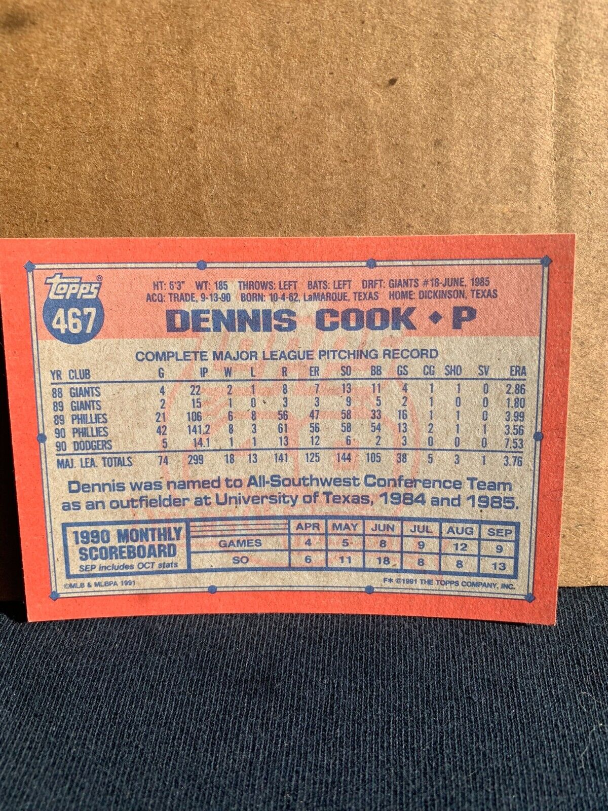 1991 Topps Baseball Card Los Angeles Dodgers Dennis Cook
