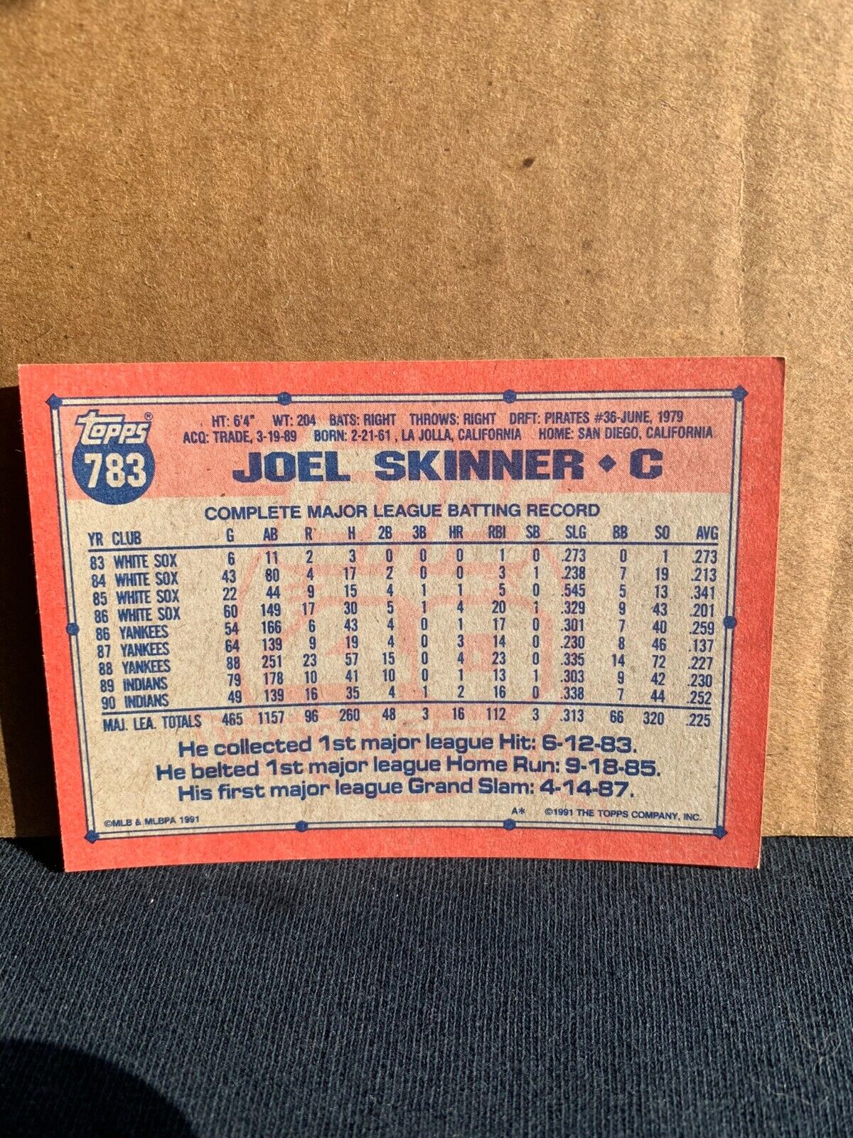 1991 Topps Baseball Card Cleveland Indians Joel Skinner