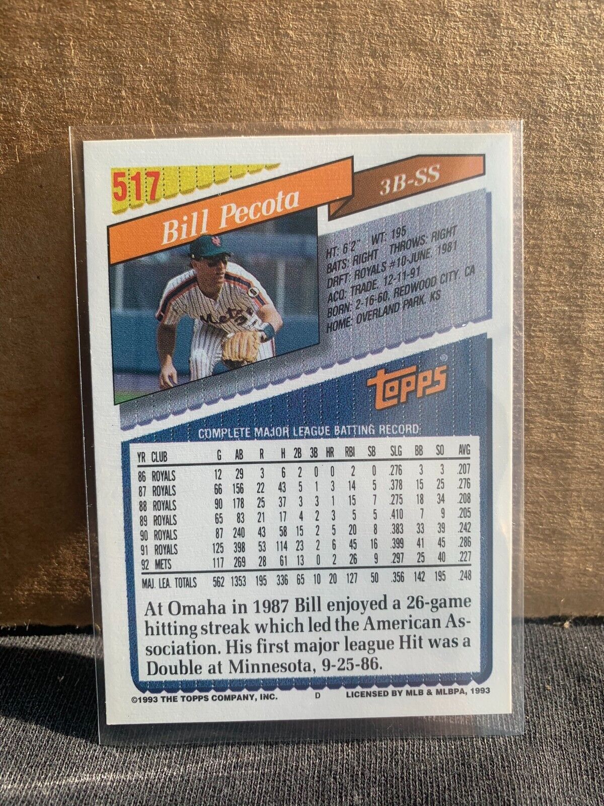 1993 Topps Baseball Card New York Mets Bill Pecota