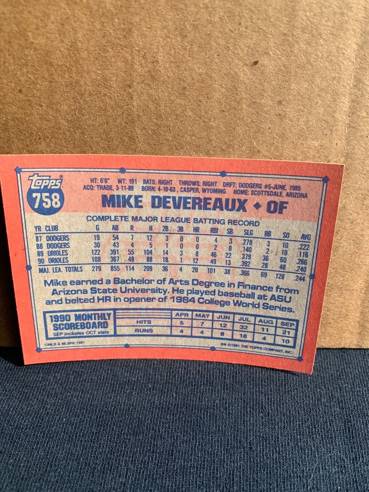 1991 Topps Baseball Card Baltimore Orioles Mike Devereaux
