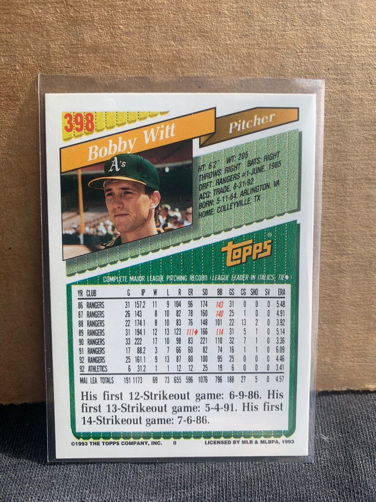 1993 Topps Baseball Card Oakland Athletics Bobby Witt 