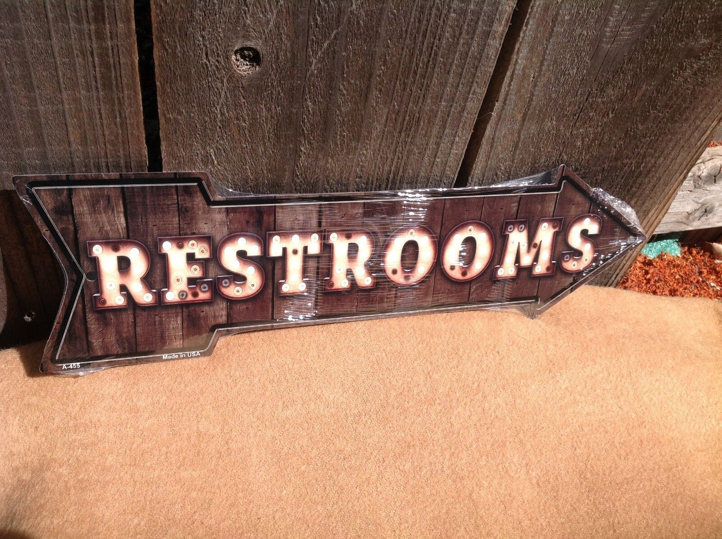 Restrooms This Way To Arrow Sign Directional Novelty Metal 17" x 5"