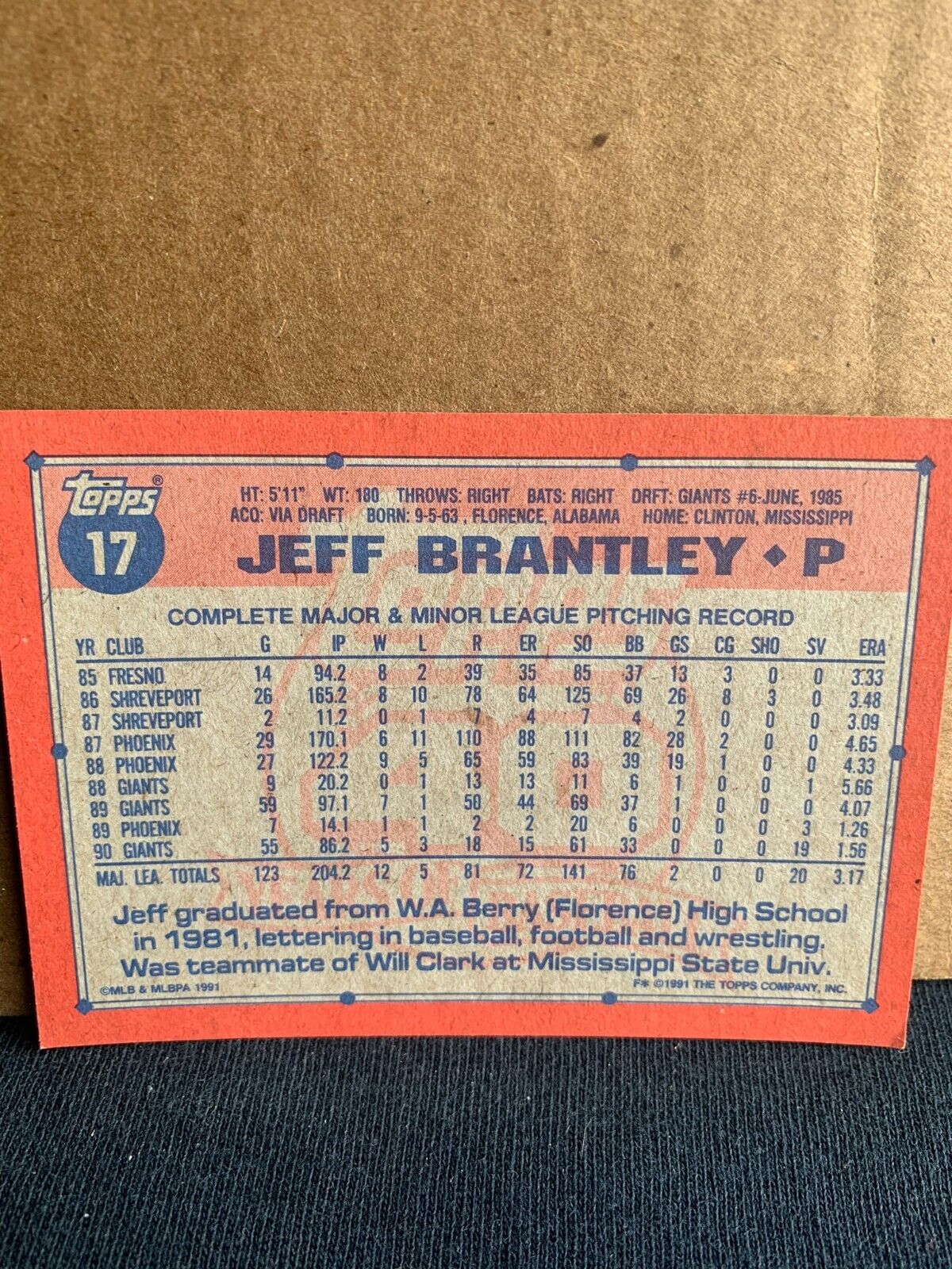 1991 Topps Baseball Card San Francisco Giants Jeff Brantley