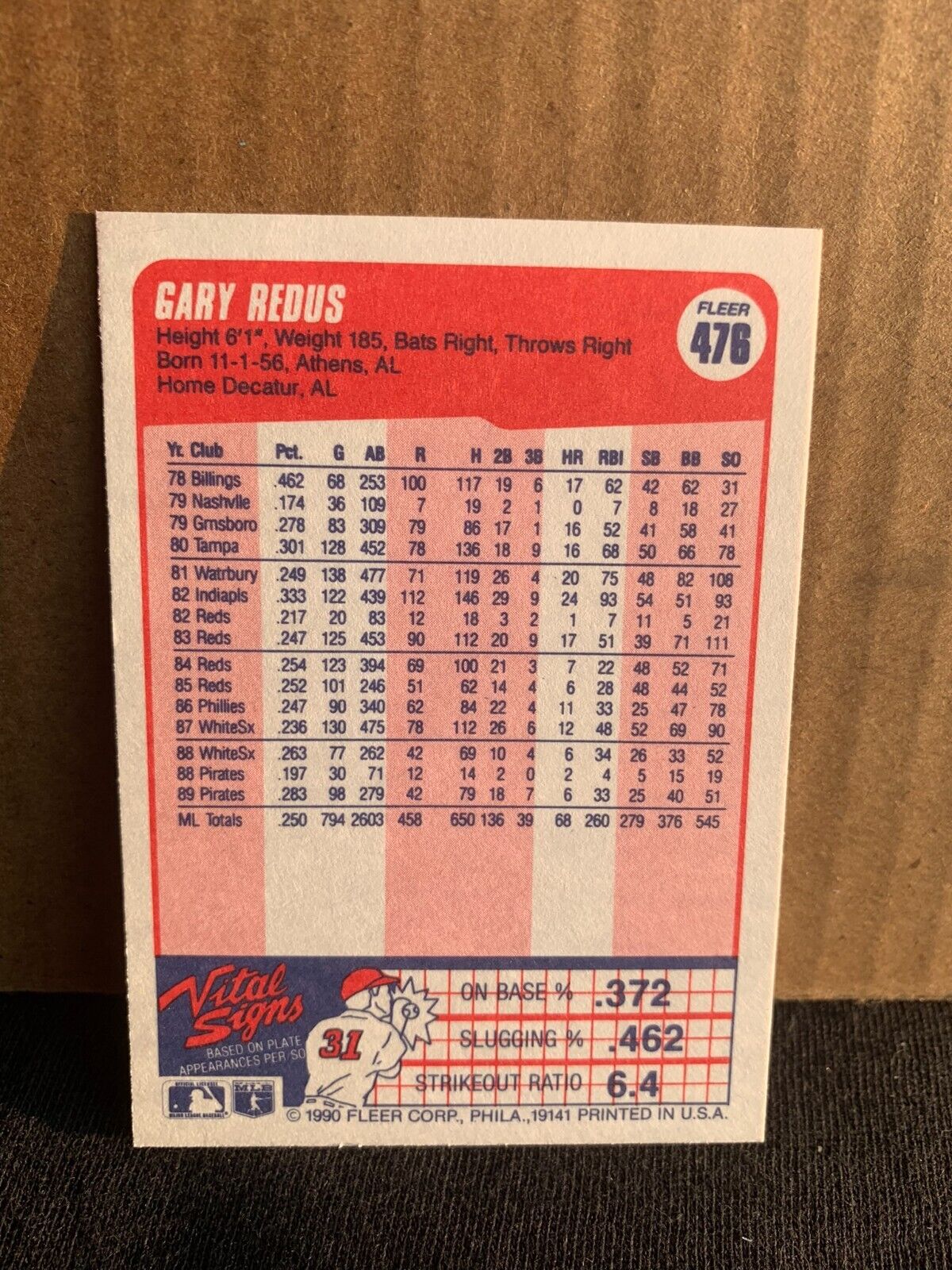 1990 Fleer Baseball Card Pittsburgh Pirates Gary Redus
