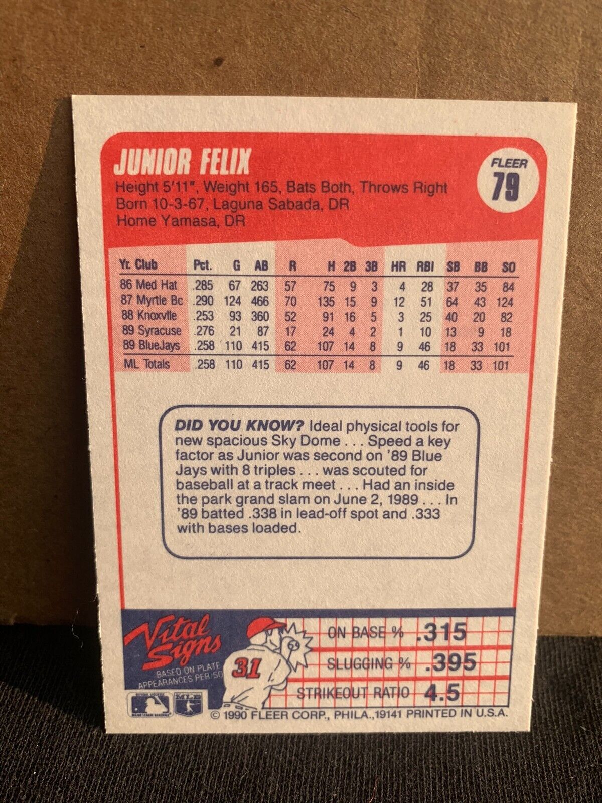 1990 Fleer Baseball Card Toronto Blue Jays Junior Felix