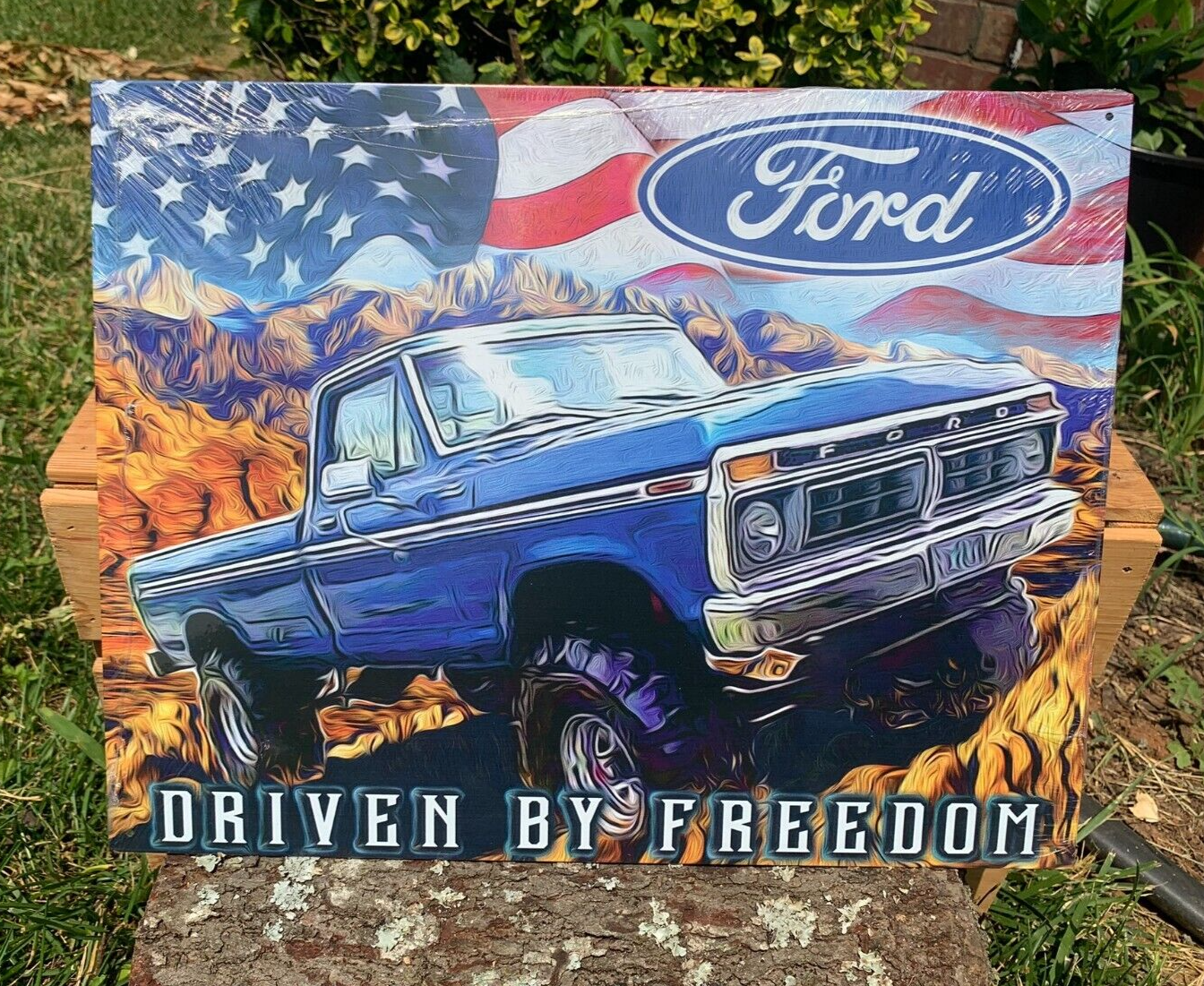 Ford F-100 Freedom Truck American Flag Motors Tin Metal Sign Garage