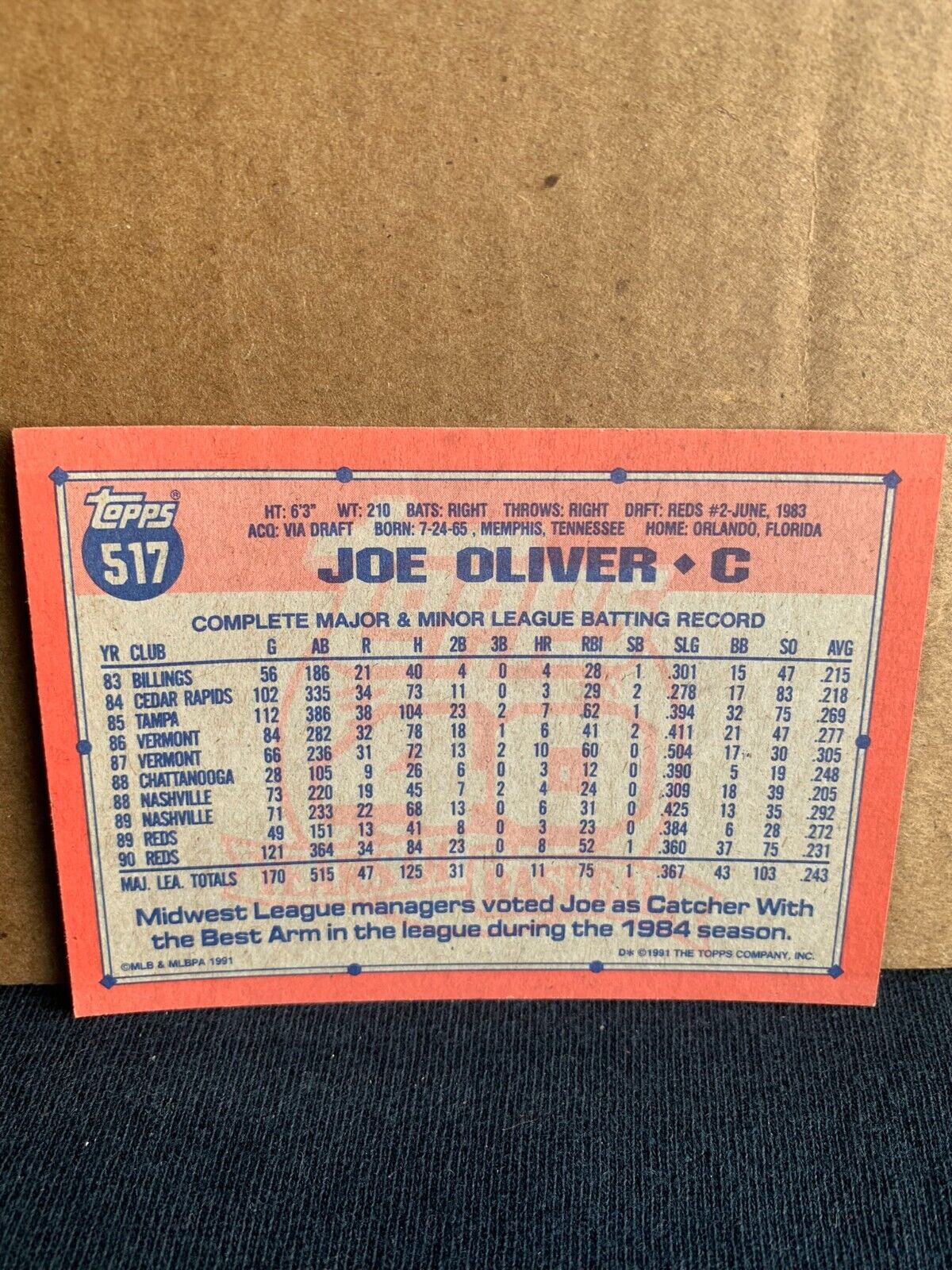 1991 Topps Baseball Card Cincinatti Reds Joe Oliver