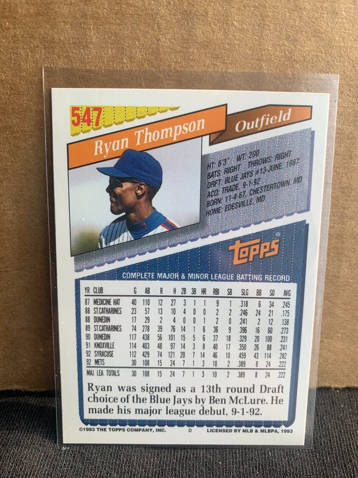 1993 Topps Baseball Card New York Mets Ryan Thompson