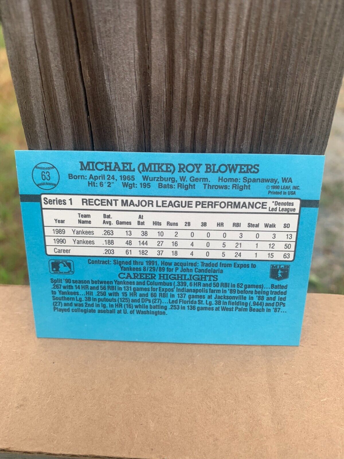 1991 Donruss Baseball Card New York Yankees Mike Blowers