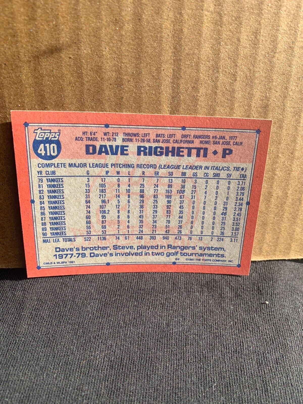 1991 Topps Baseball Card New York Yankees Dave Righetti