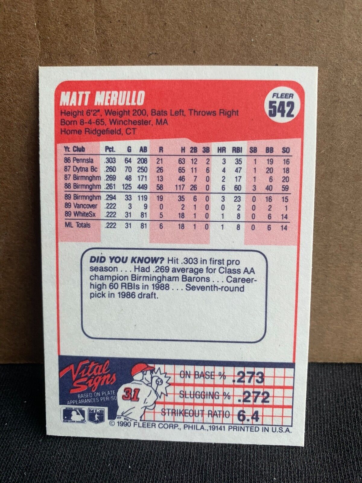 1990 Fleer Baseball Card Chicago White Sox Matt Merullo