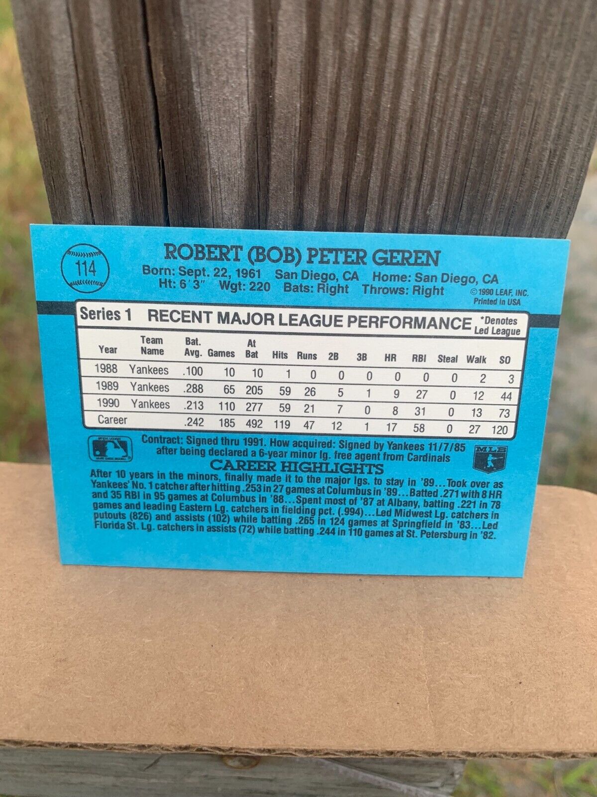 1991 Donruss Baseball Card New York Yankees Bob Geren