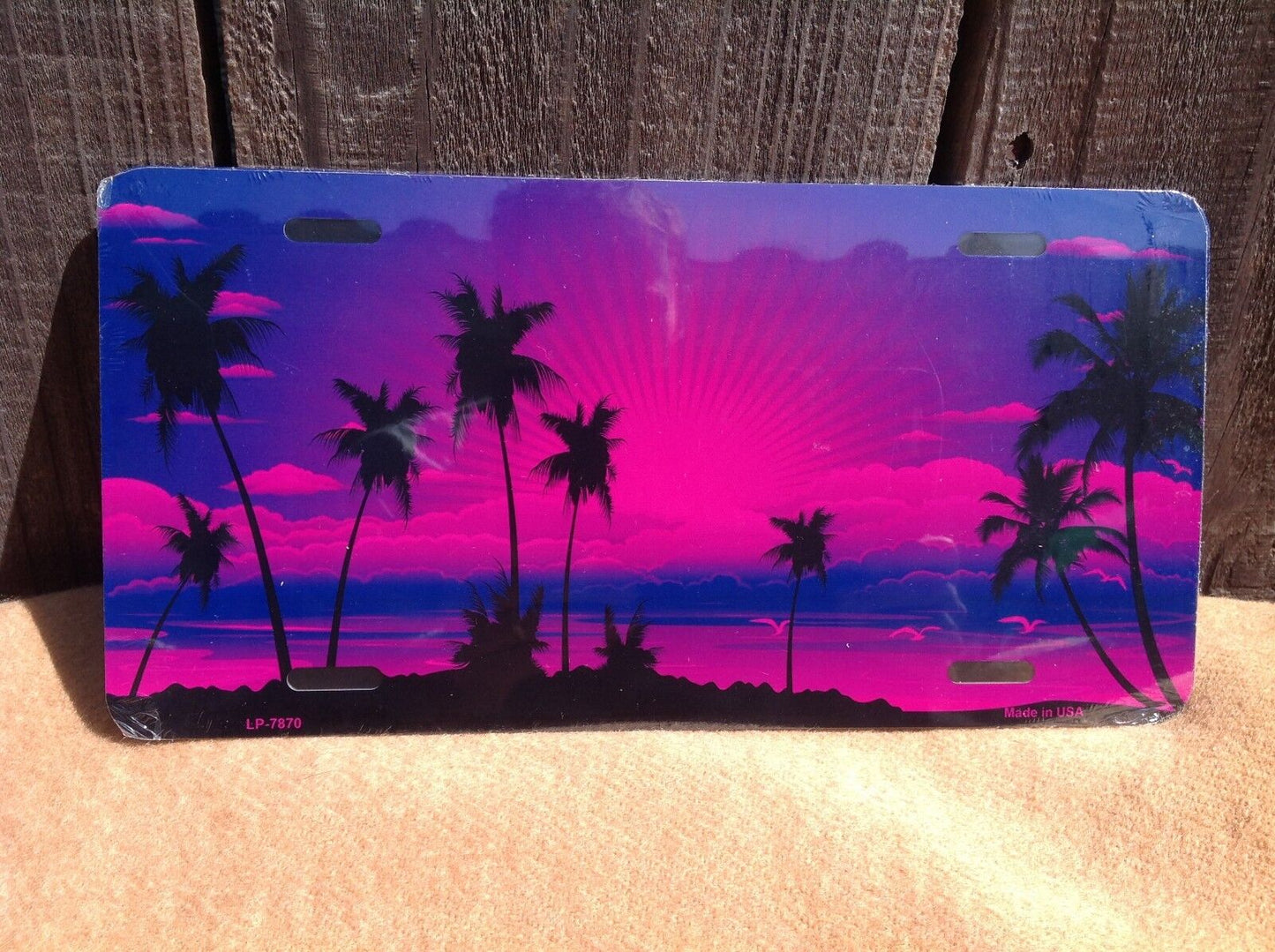 Purple Sunset Palm Trees Ocean Beach Sand Novelty License Plate Car Auto Truck