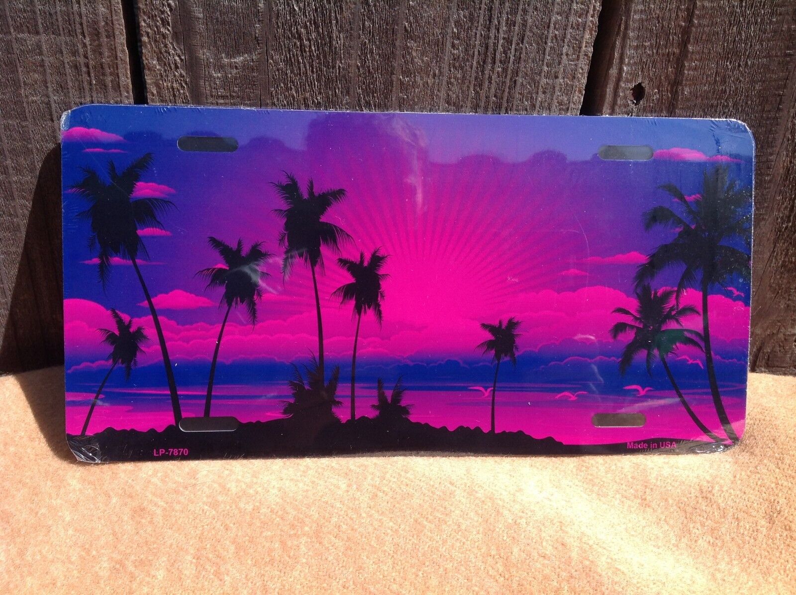 Purple Sunset Palm Trees Ocean Beach Sand Novelty License Plate Car Auto Truck