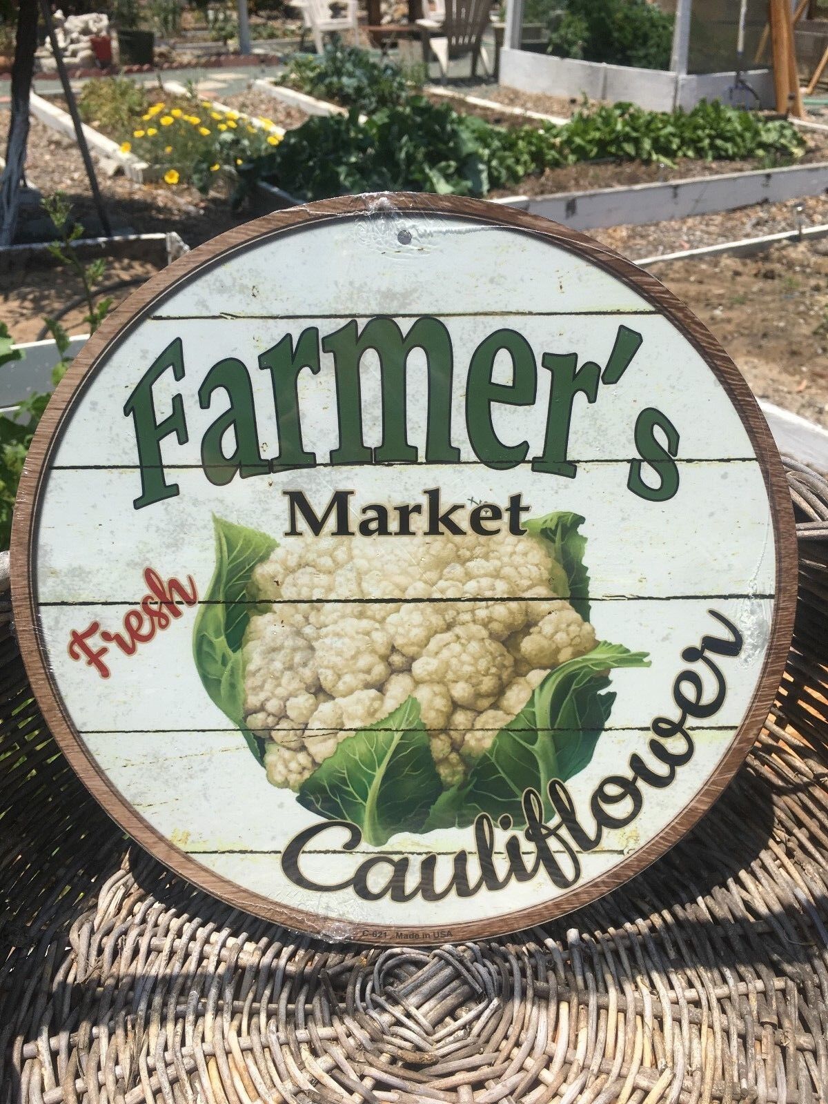 Farmers Market Fresh Cauliflower Round Sign Vintage Garage Bar Decor Old Rustic
