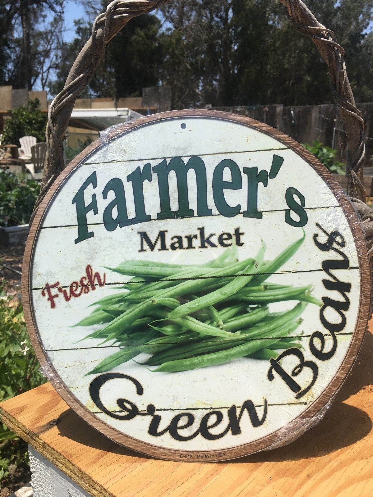 Farmers Market Fresh Green Beans Round Sign Vintage Garage Bar Decor Old Rustic