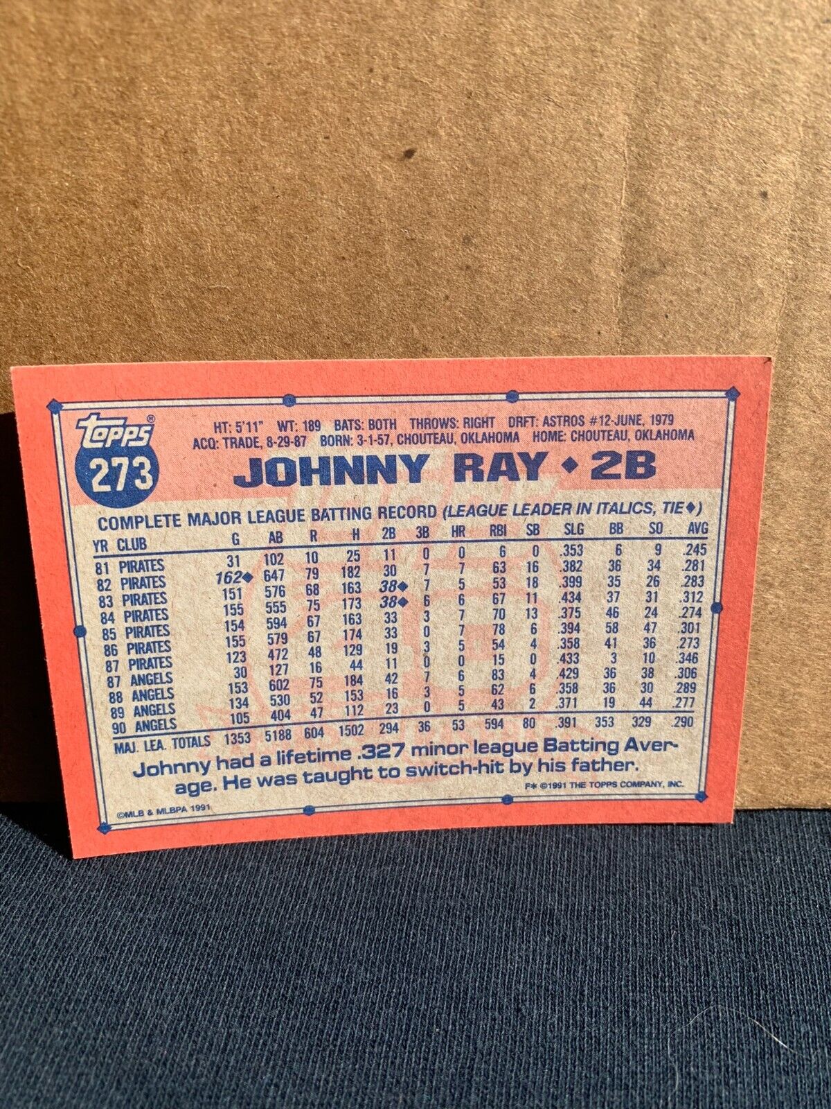 1991 Topps Baseball Card California Angels Johnny Ray
