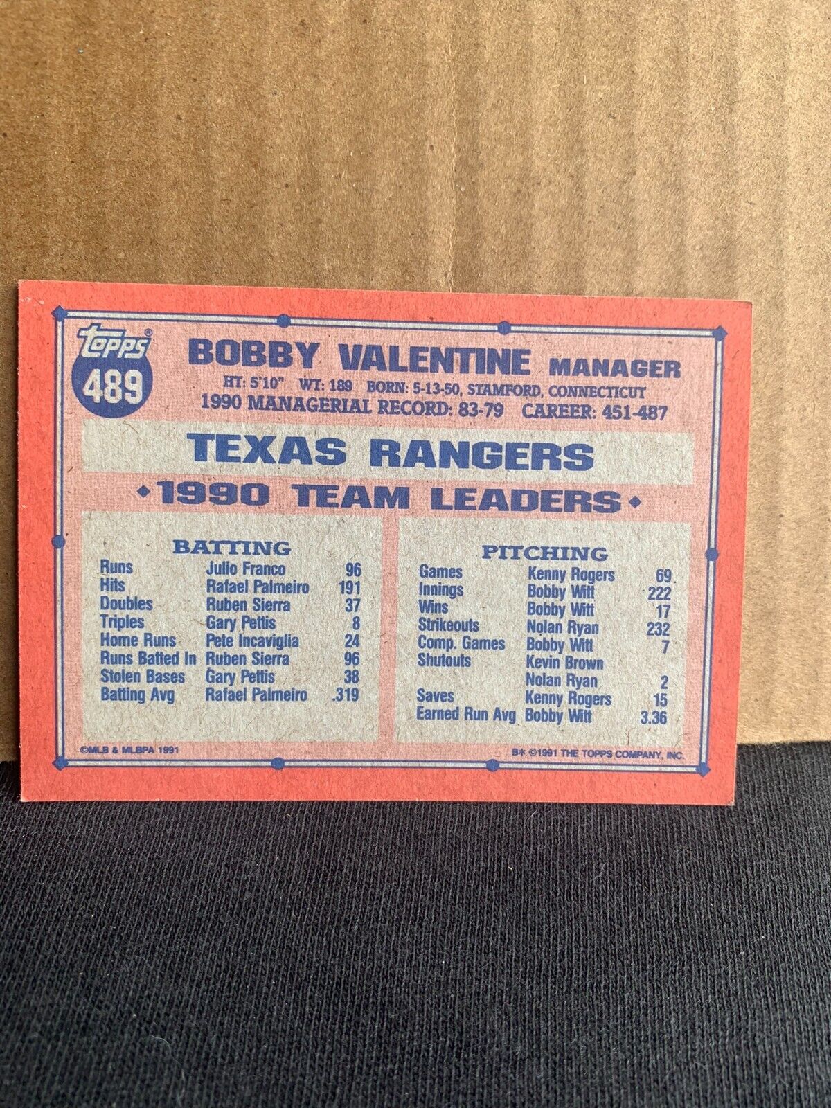 1991 Topps Baseball Card Texas Rangers Bobby Valentine Manager