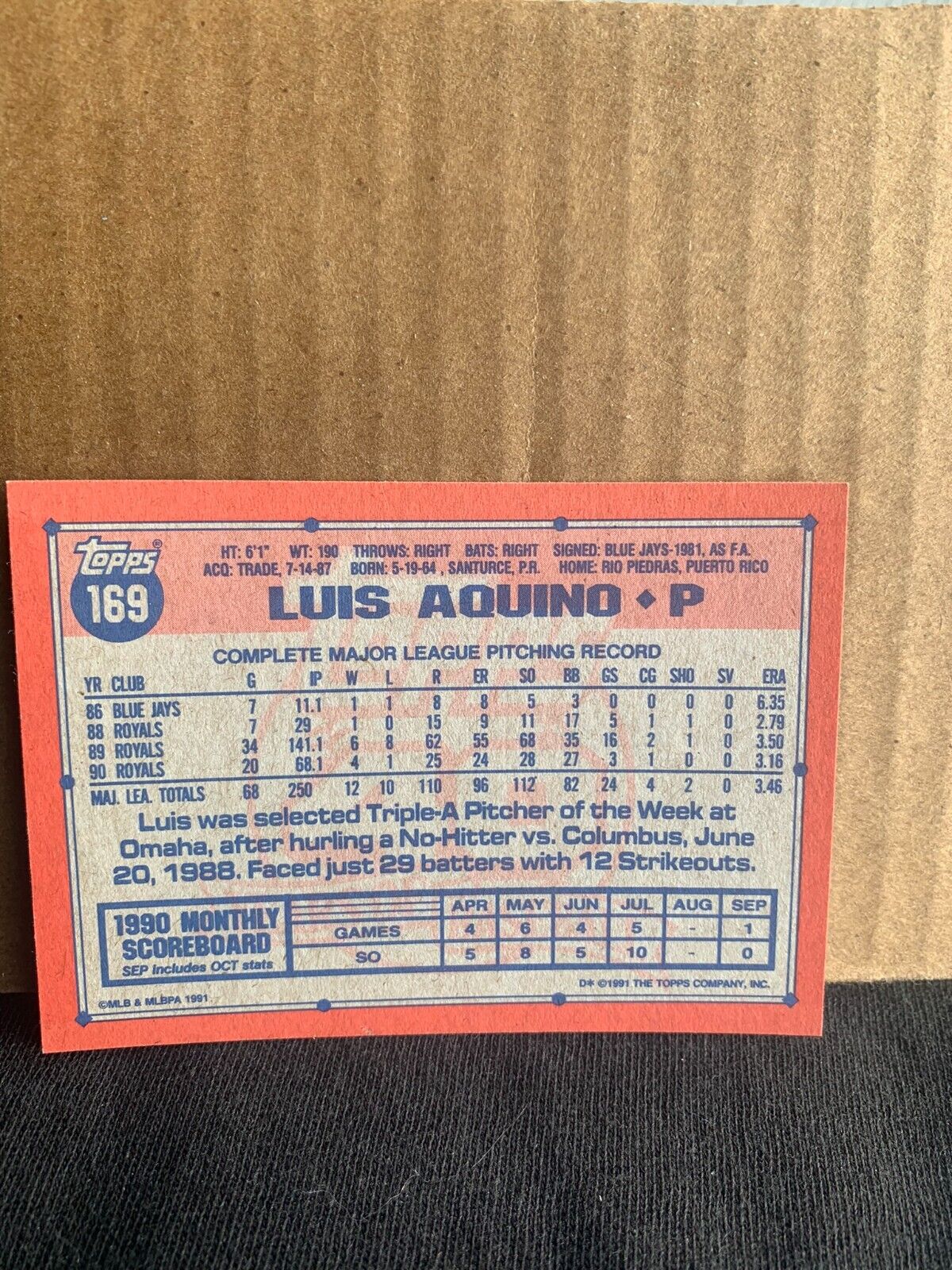 1991 Topps Baseball Card Kansas City Royals Luis Aquino