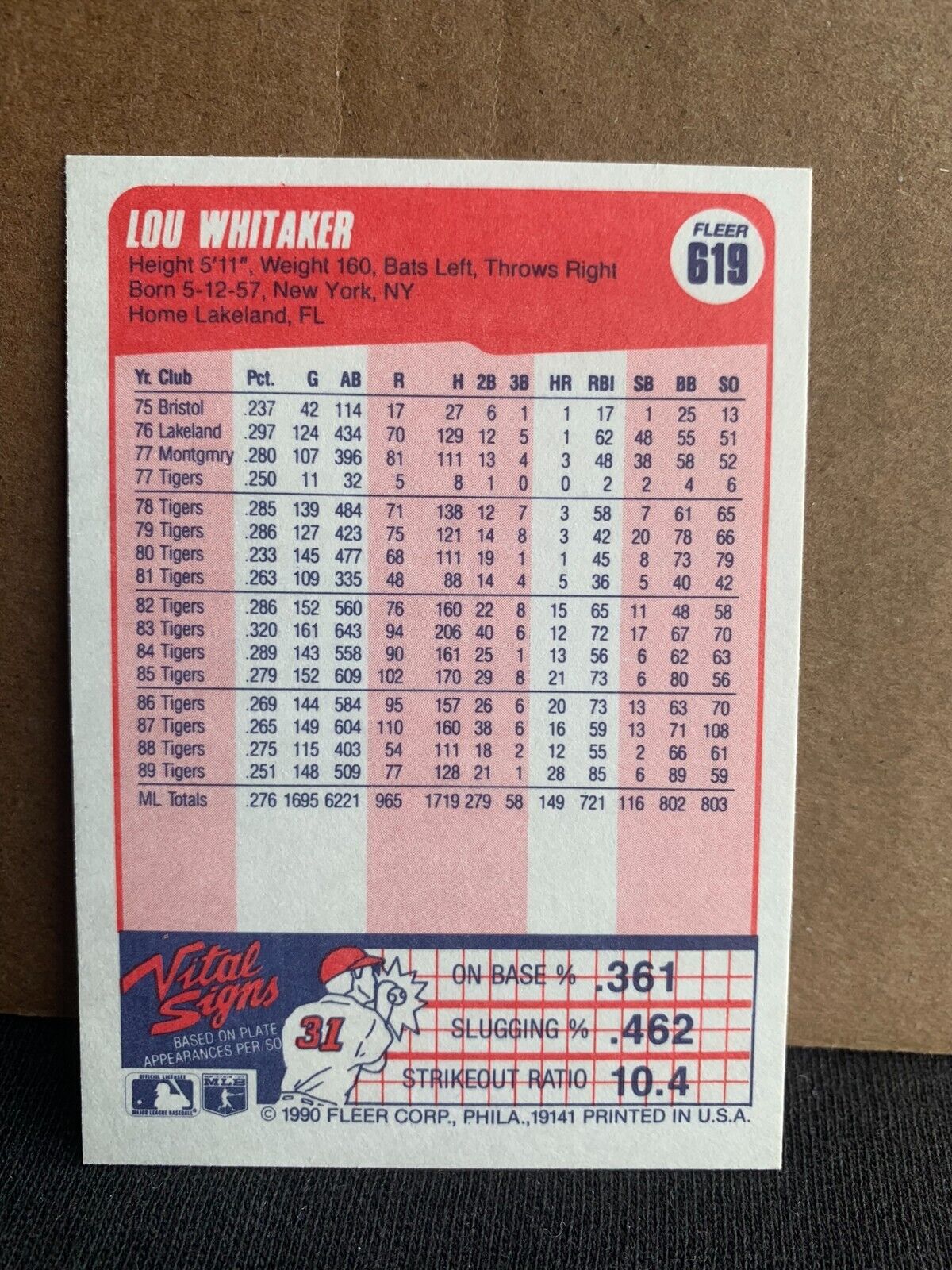 1990 Fleer Baseball Card Detroit Tigers Lou Whitaker