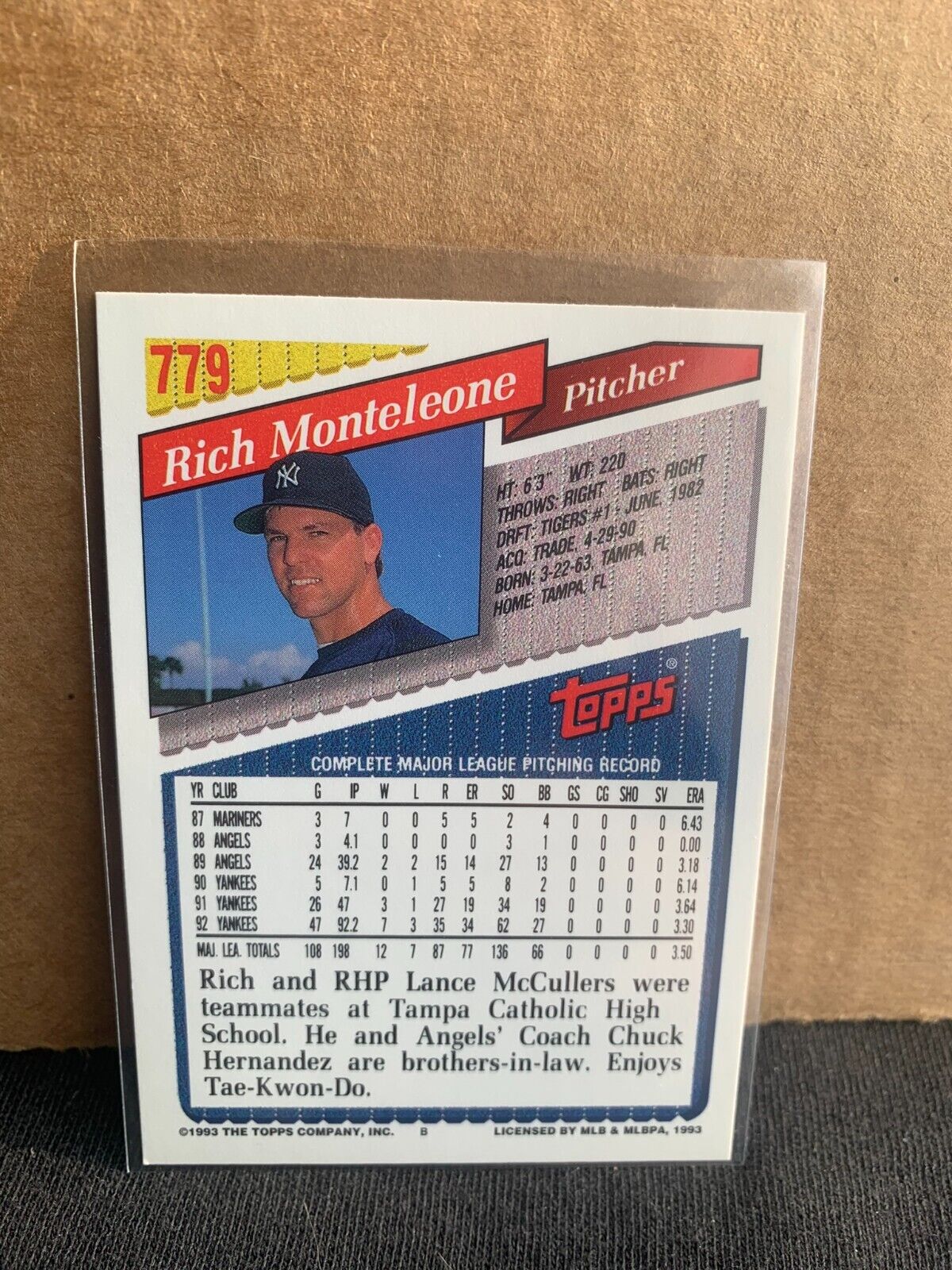 1993 Topps Baseball Card New York Yankees Rich Monteleone