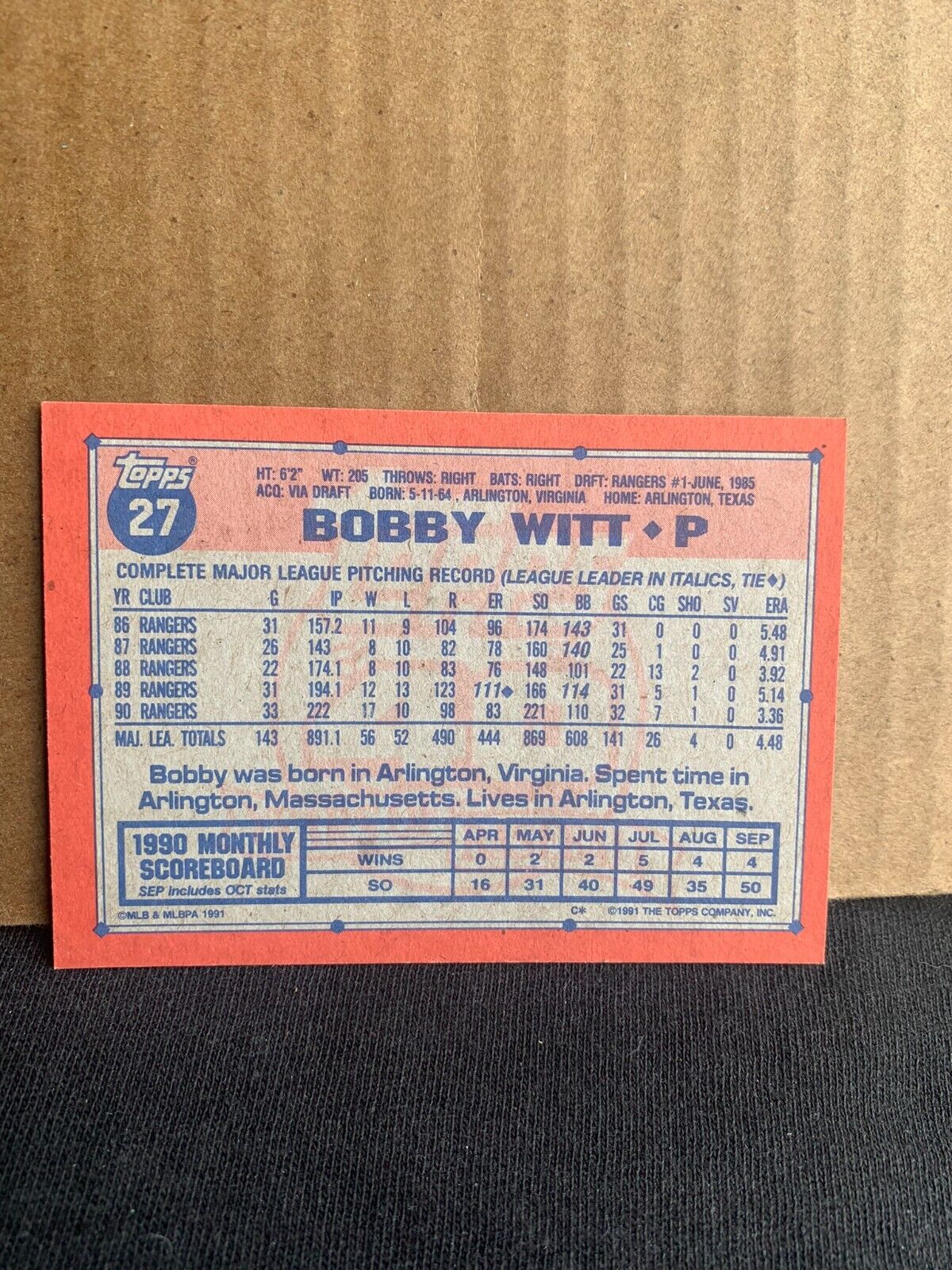 1991 Topps Baseball Card Texas Rangers Bobby Witt