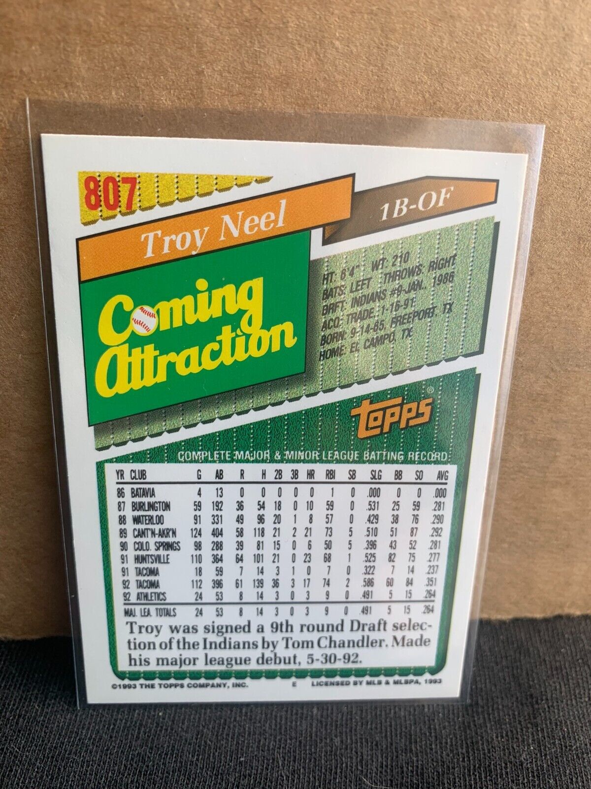 1993 Topps Baseball Card Coming Attraction Troy Neel