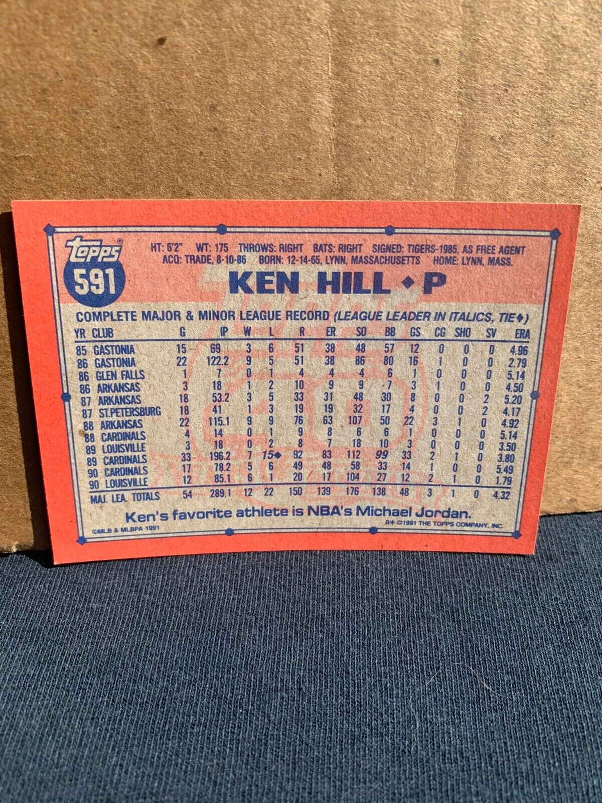 1991 Topps Baseball Card St. Louis Cardinals Ken Hill
