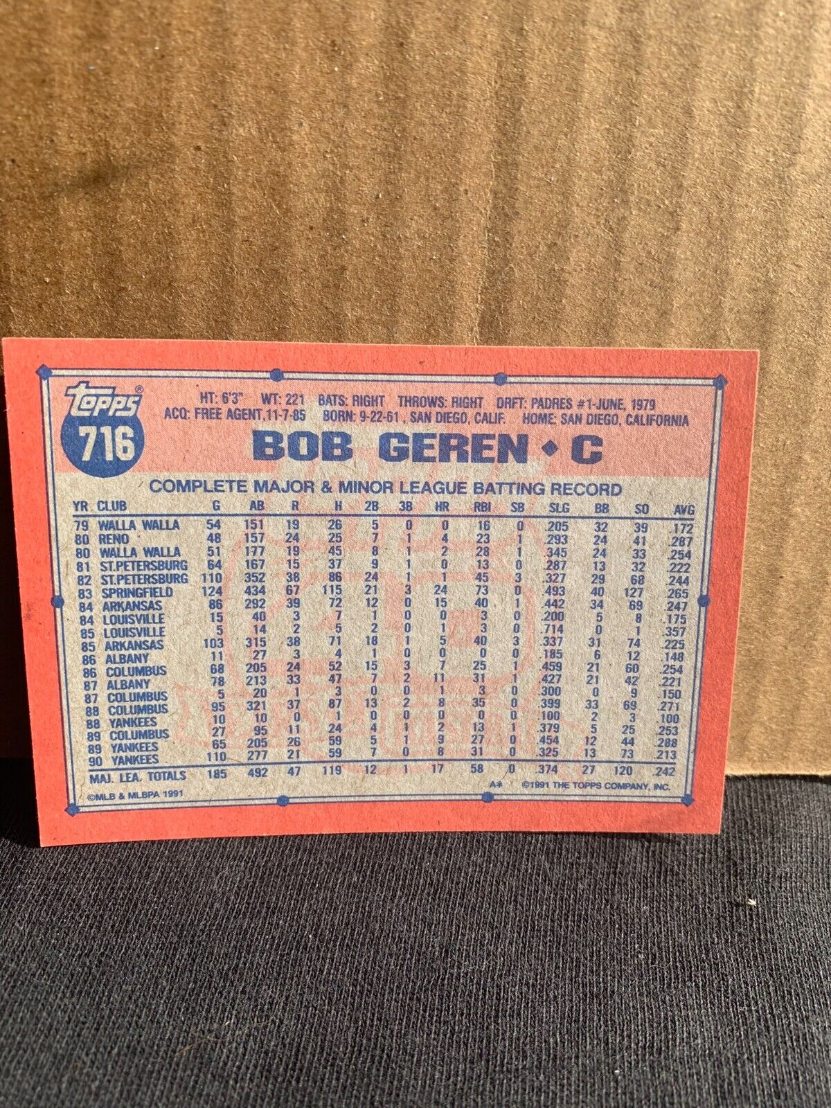 1991 Topps Baseball Card New York Yankees Bob Geren