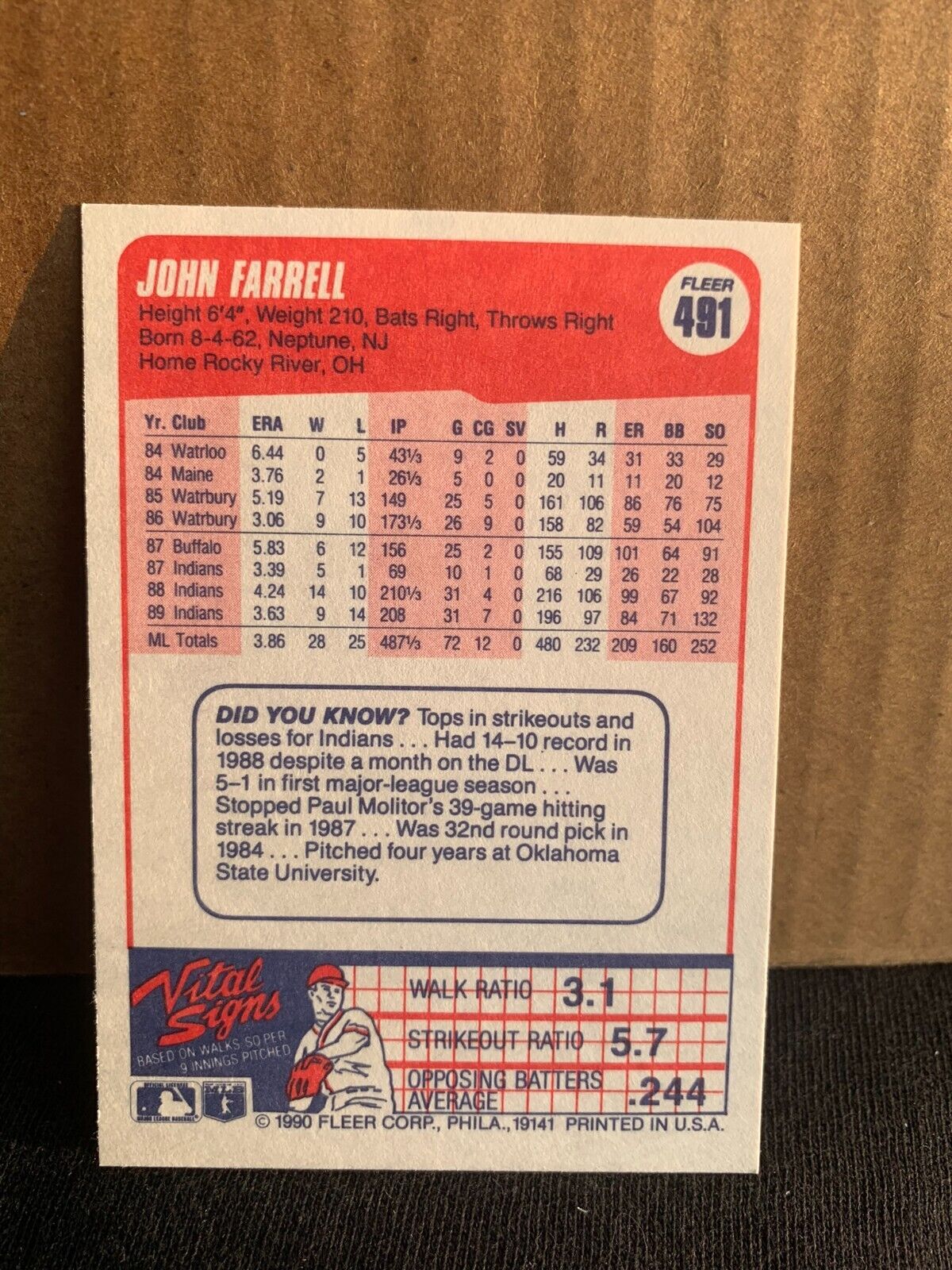 1990 Fleer Baseball Card Cleveland Indians John Farrell