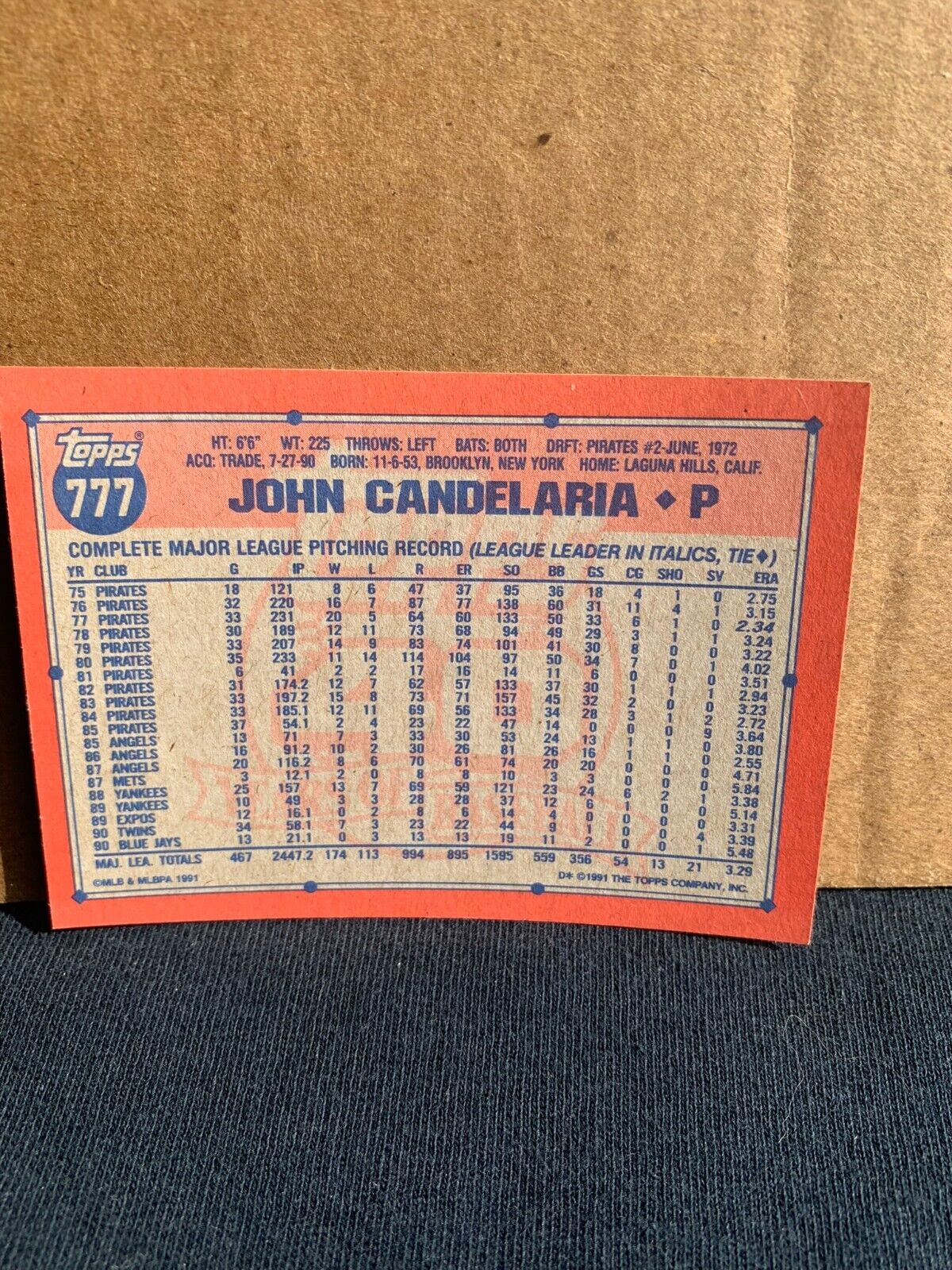 1991 Topps Baseball Card Toronto Blue Jays John Candelaria