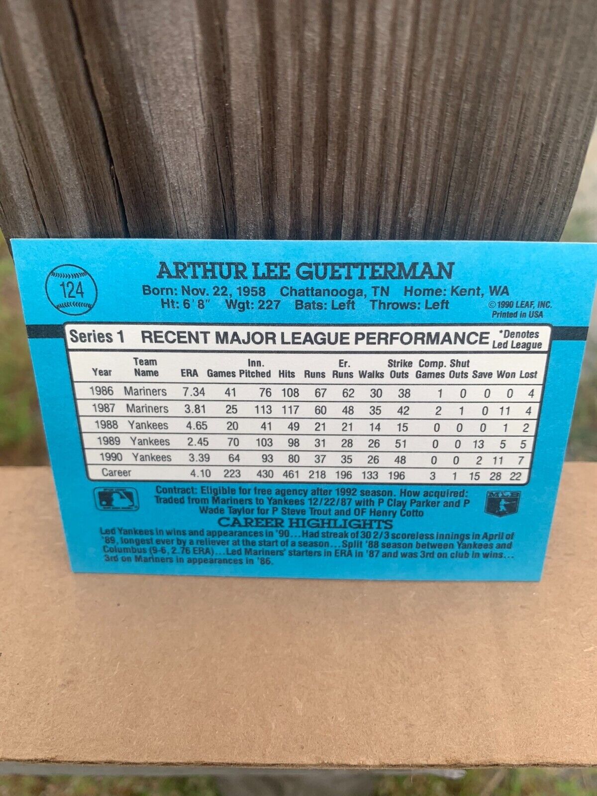 1991 Donruss Baseball Card New York Yankees Lee Guetterman