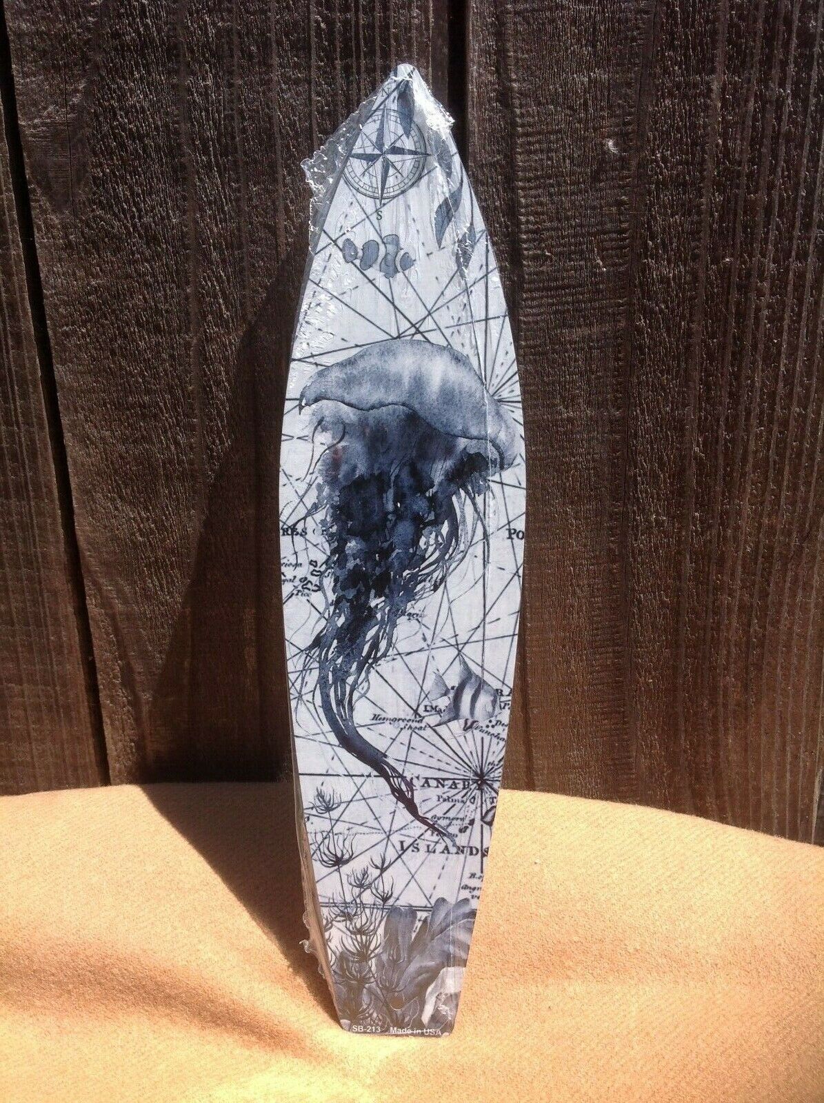 Black White Jellyfish Map Islands Mini Novelty Beach Surf Board Sign 17" x 4.5"