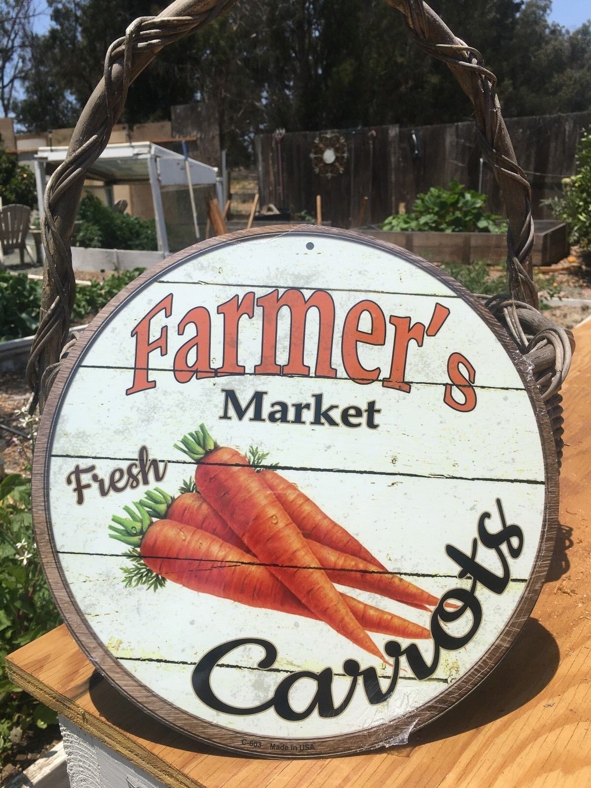 Farmers Market Fresh Carrots Round Sign Tin Vintage Garage Bar Decor Old Rustic