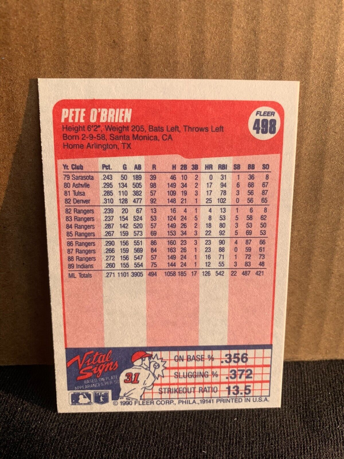1990 Fleer Baseball Card Cleveland Indians Pete O'Brien