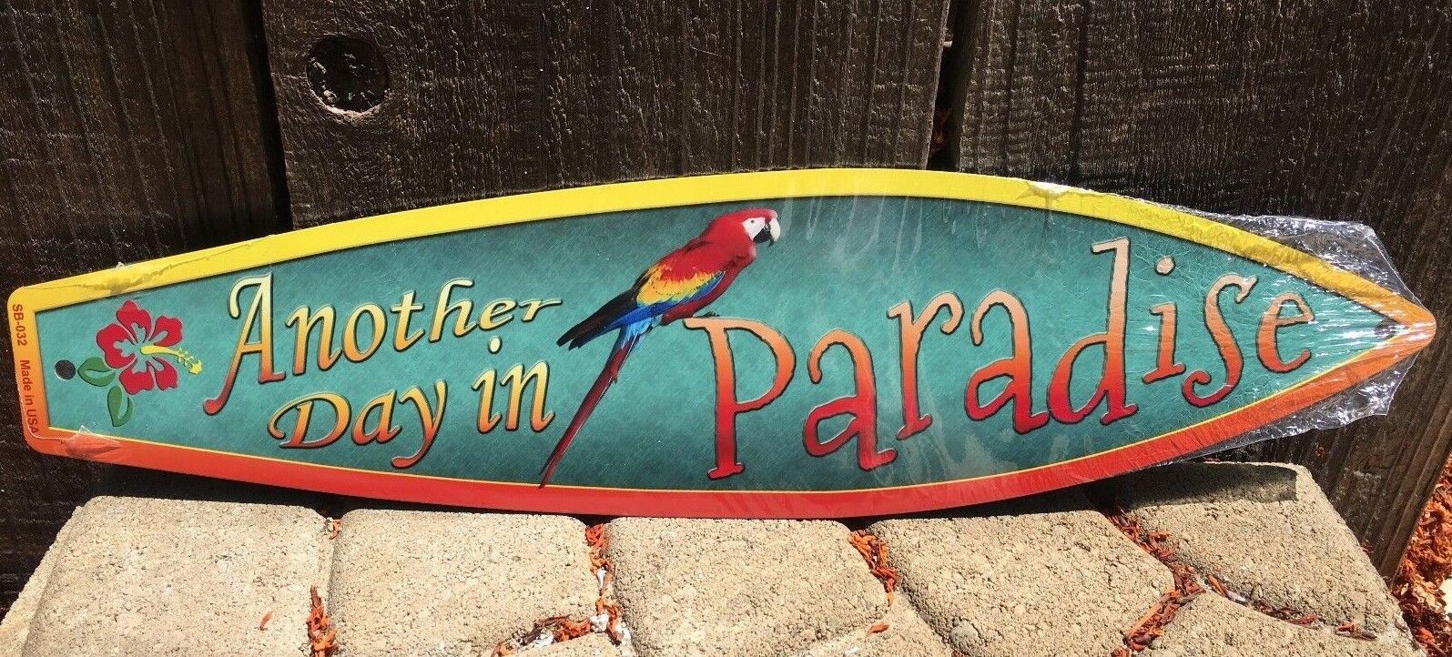 Another Day In Paradise Parrot Mini Novelty Beach Surf Board Sign 17" x 4.5"