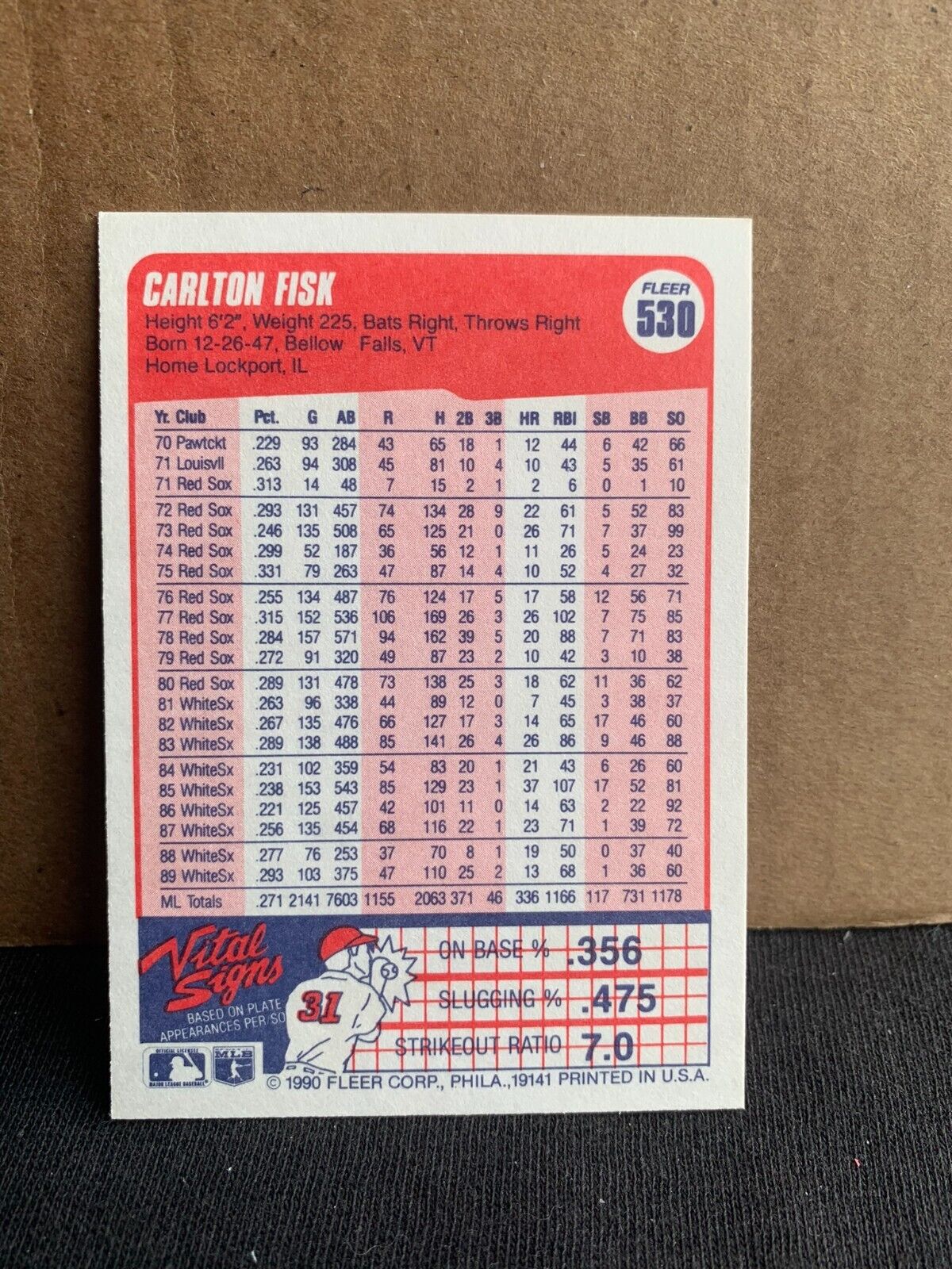 1990 Fleer Baseball Card Chicago White Sox Carlton Fisk