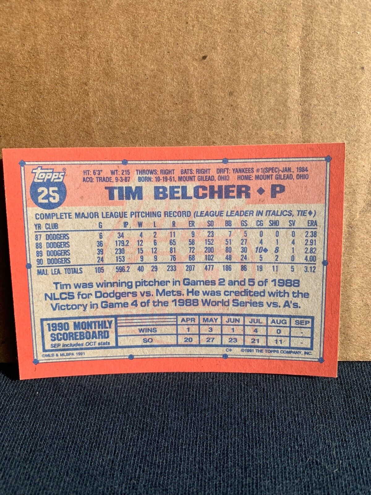 1991 Topps Baseball Card Los Angeles Dodgers Tim Belcher