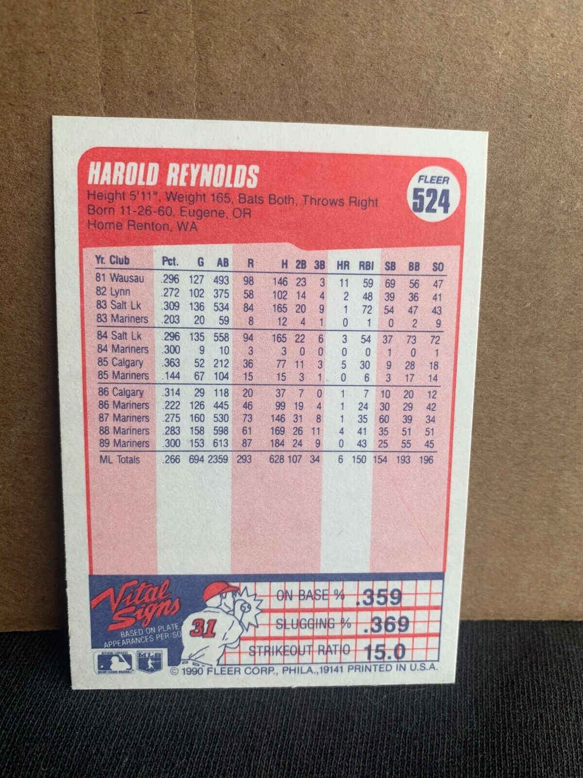 1990 Fleer Baseball Card Seattle Mariners Harold Reynolds