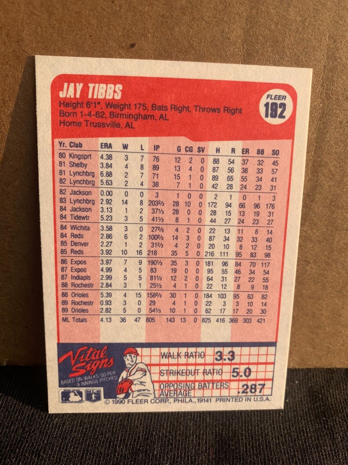 1990 Fleer Baseball Card Baltimore Orioles Jay Tibbs