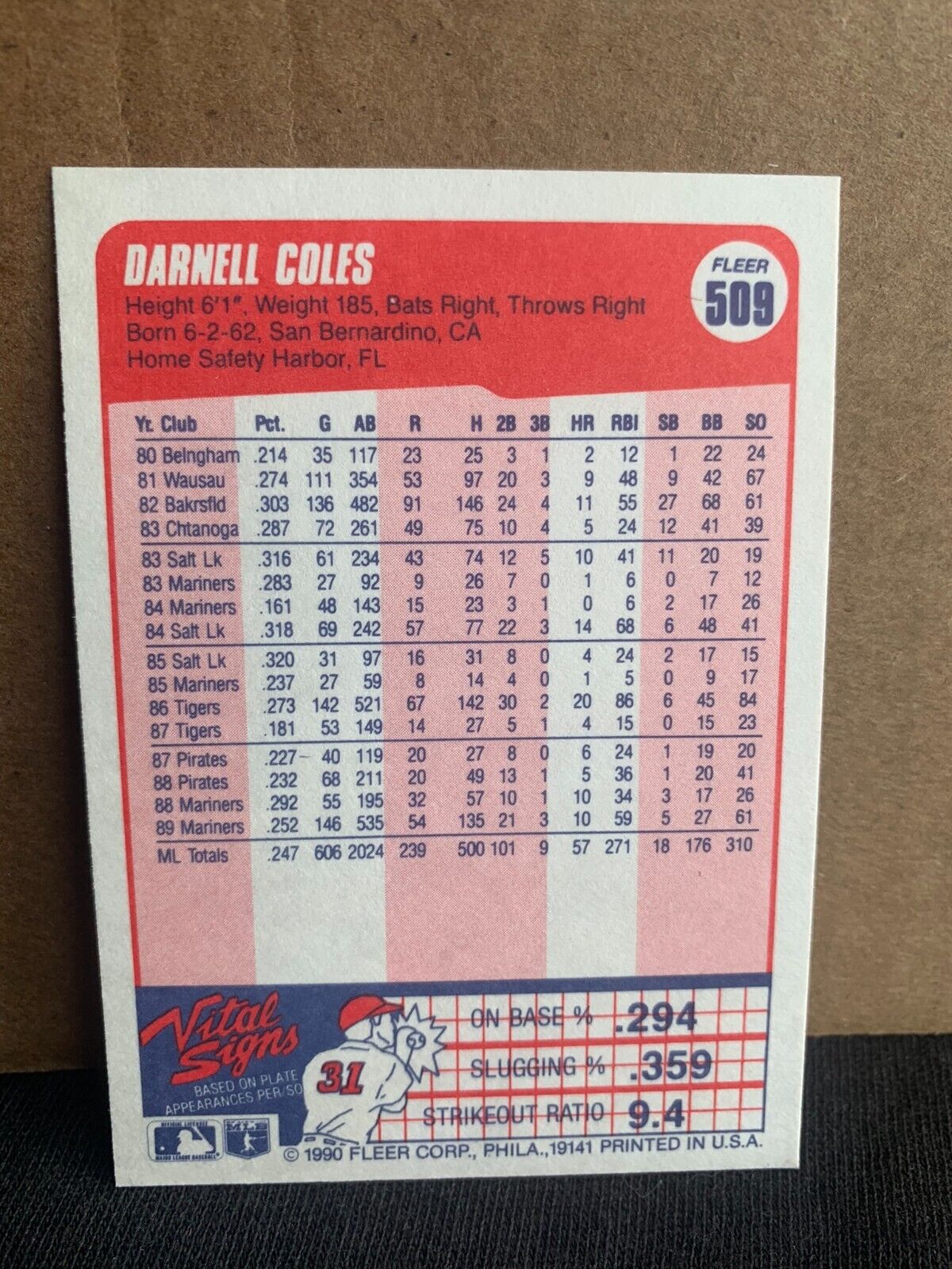 1990 Fleer Baseball Card Seattle Mariners Darell Coles