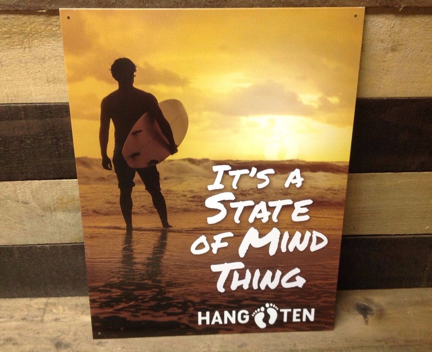 Hang Ten State of Mind Metal Sign Tin Vintage Garage Bar Surfing Beach Sunset