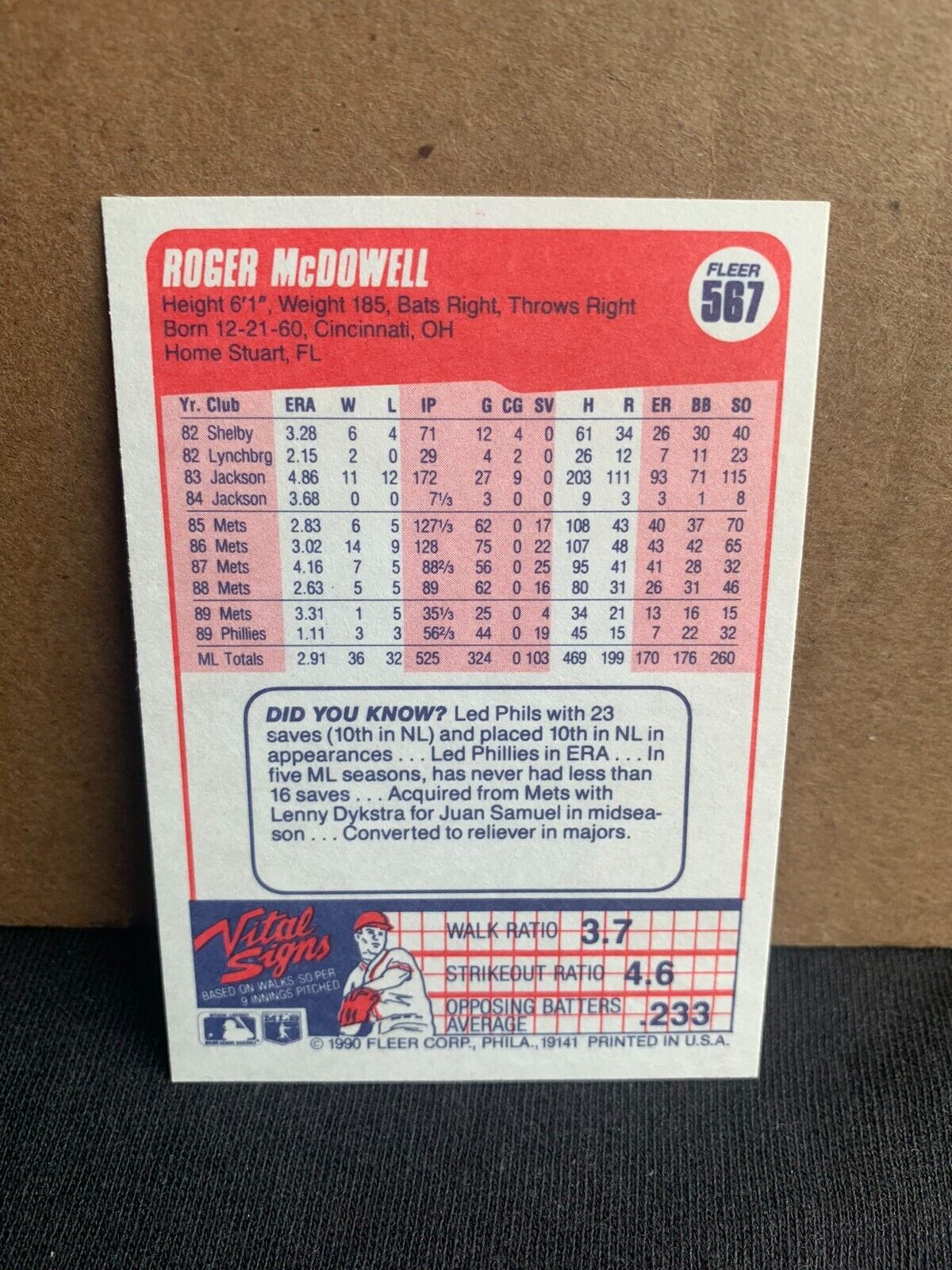 1990 Fleer Baseball Card Philadelphia Phillies Roger McDowell