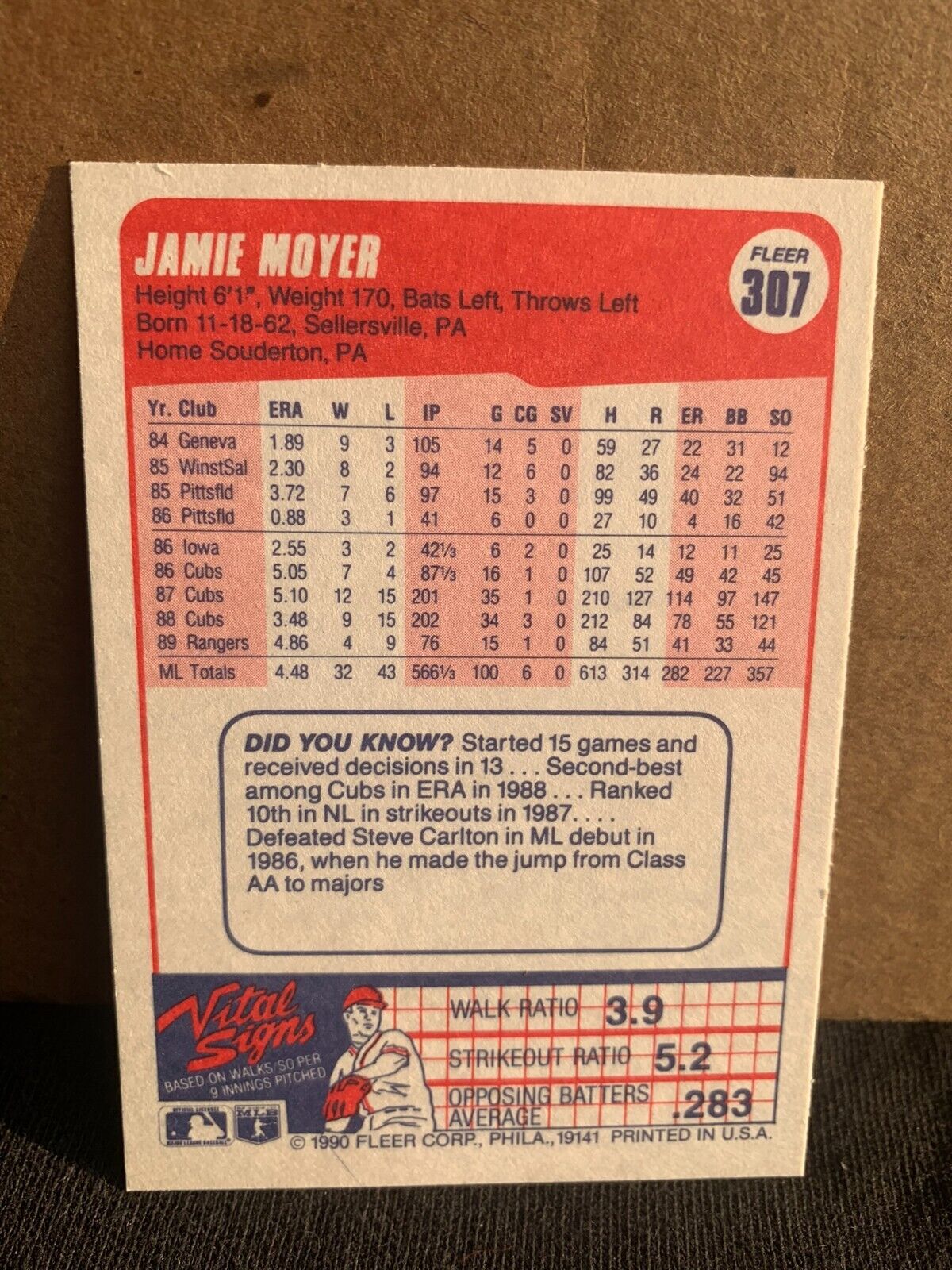1990 Fleer Baseball Card Texas Rangers Jamie Moyer