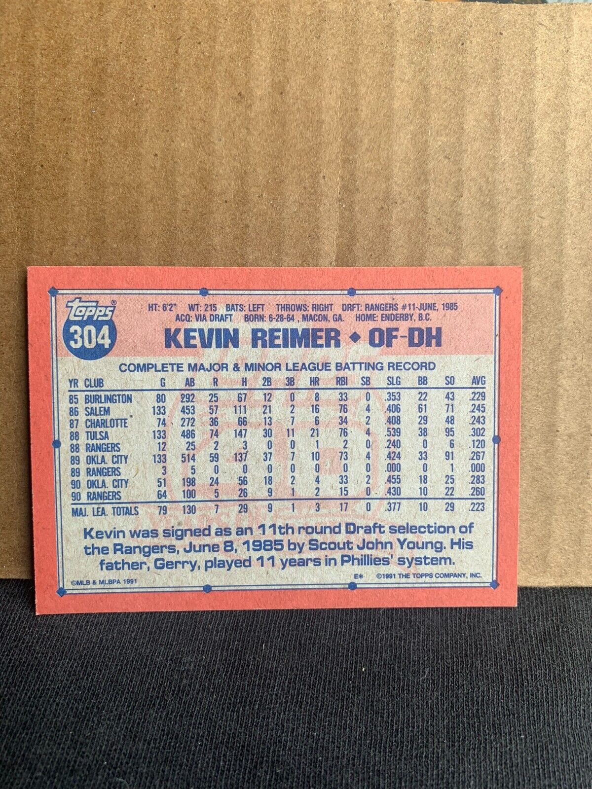 1991 Topps Baseball Card Texas Rangers Kevin Reimer