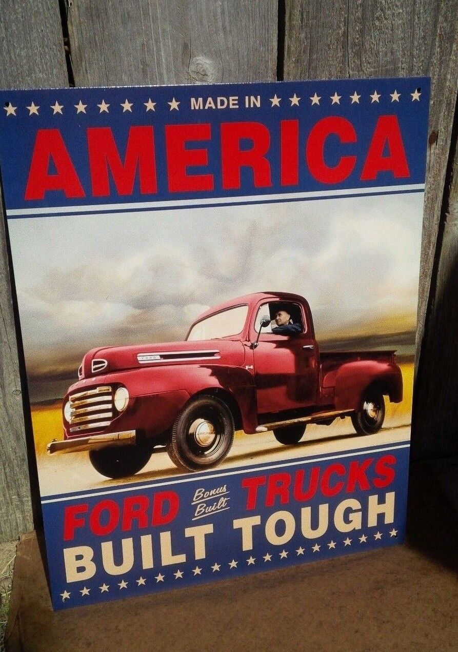 Vintage Ford Trucks Tin Metal Sign Classic Pickup Built Tough Garage Motors Auto