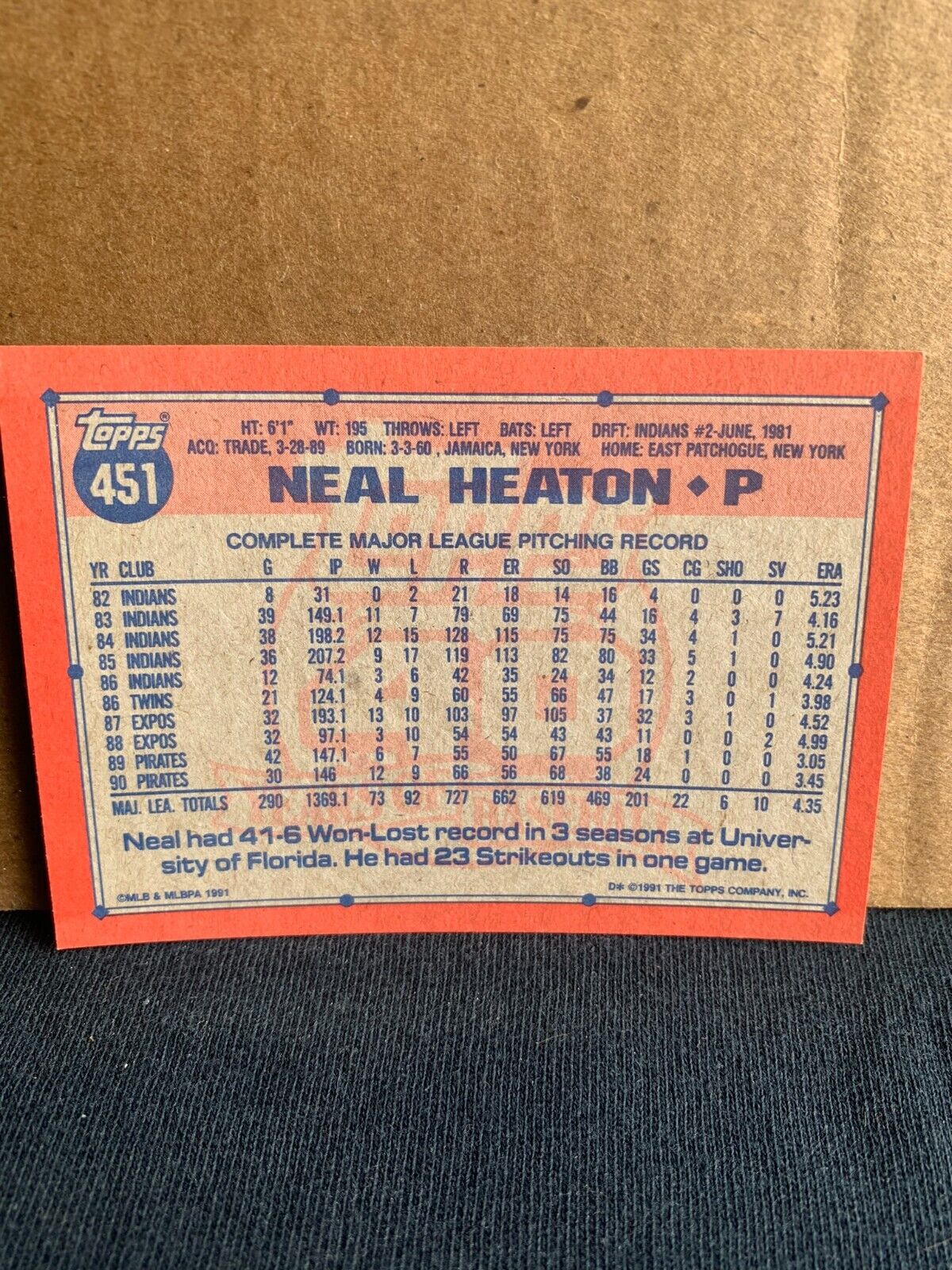 1991 Topps Baseball Card Pittsburgh Pirates Neal Heaton